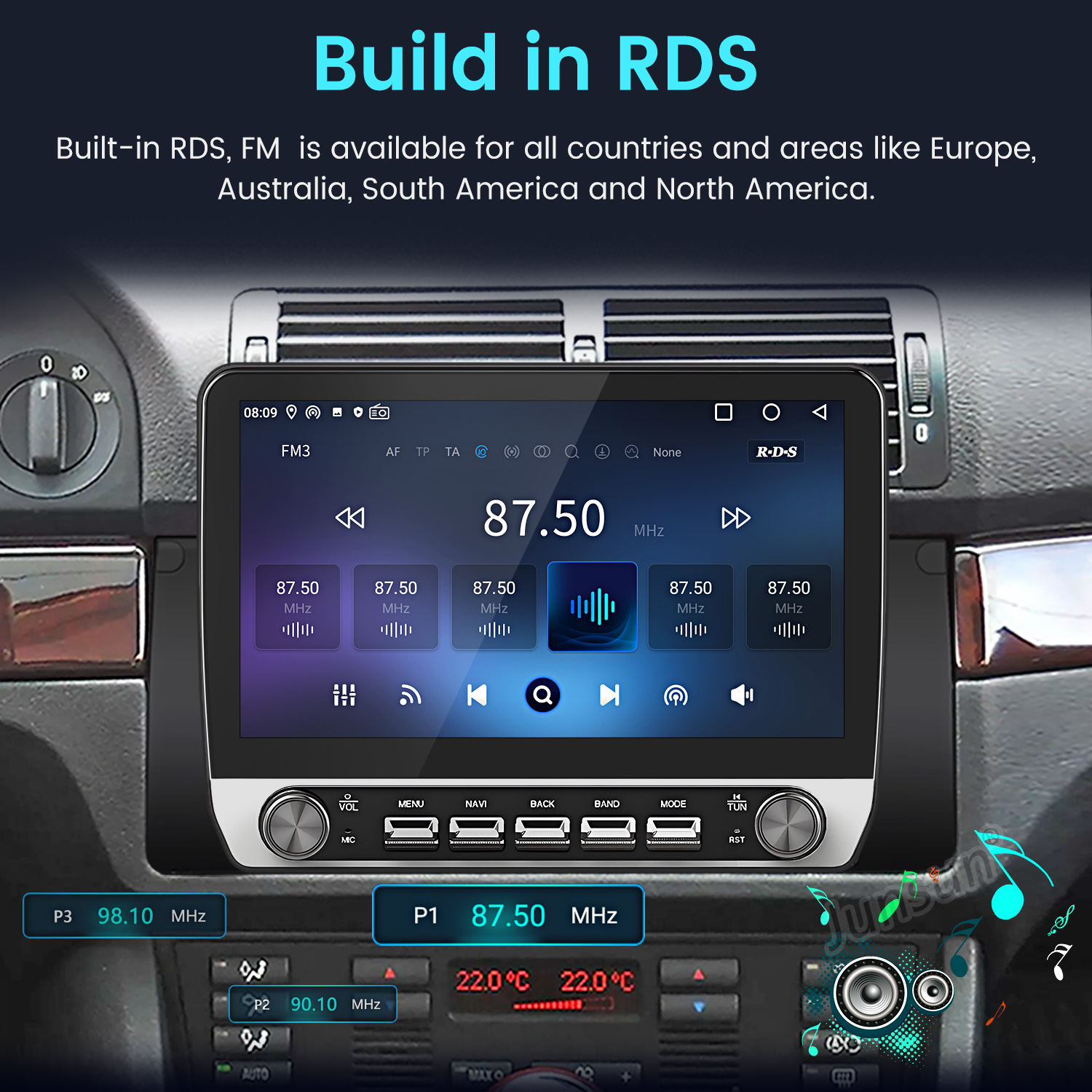 Ein Auto-Multimedia-Display zeigt die UKW-Radiofrequenz 87,50 MHz mit verschiedenen Bedienelementen an.