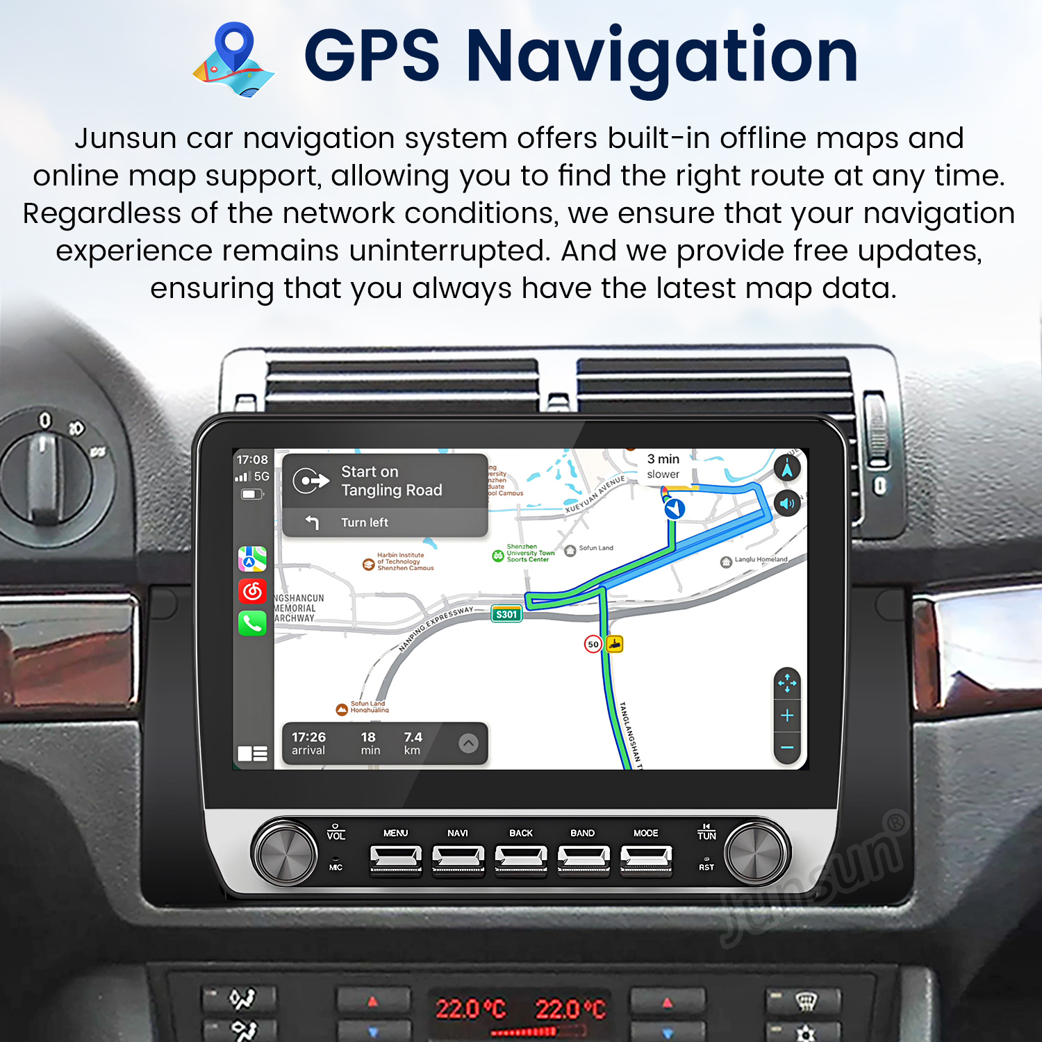 GPS-Navigationssystem in einem Auto mit digitaler Karte und integrierten USB-Anschlüssen.