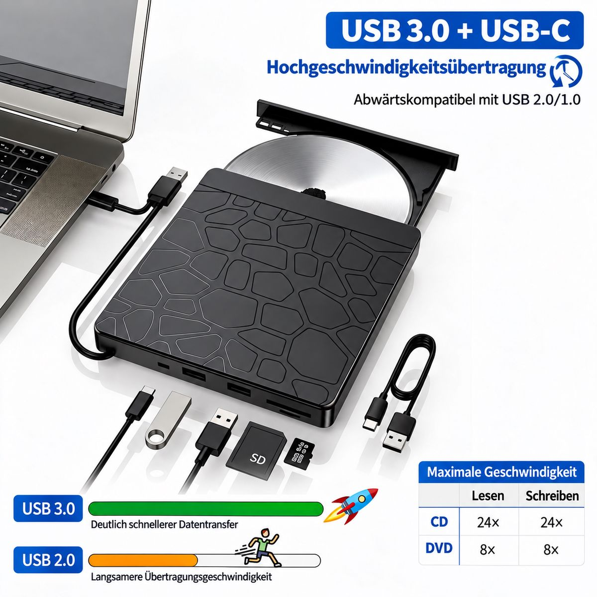 Externes optisches Laufwerk mit USB 3.0 und USB-C, verbunden mit einem Laptop, mit verschiedenen Anschlüssen und Medien.