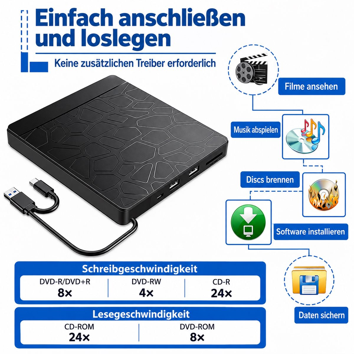 Schwarzes externes DVD-Laufwerk mit Kabel und Icons für Funktionen wie Filme und Musik.