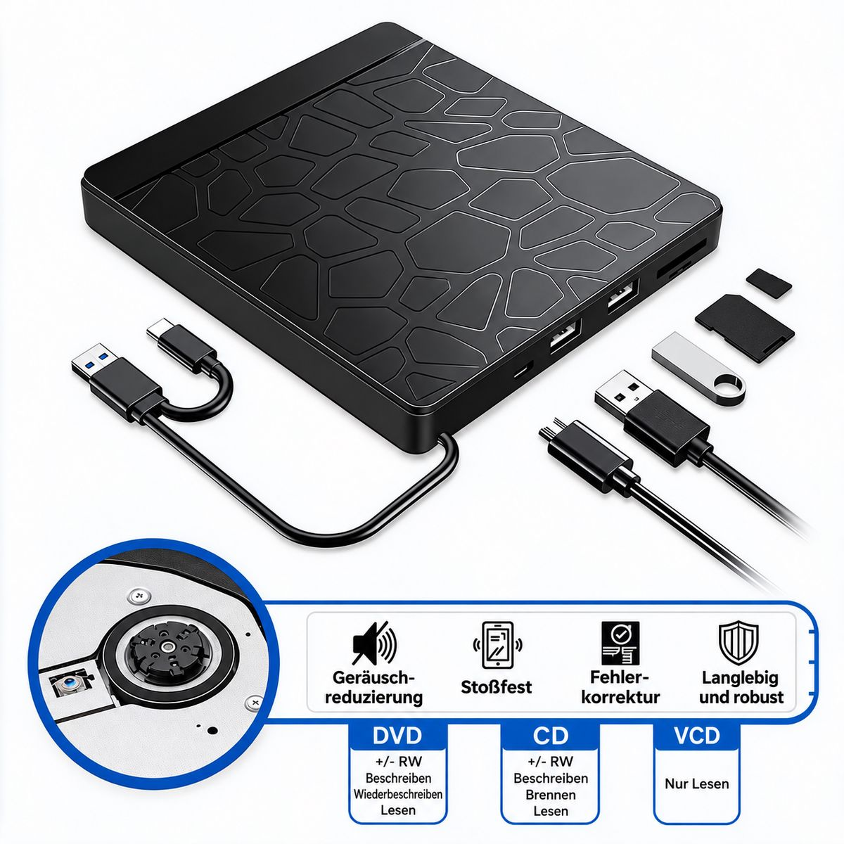 Schwarzes externes CD/DVD-Laufwerk mit USB-Kabeln, SD-Kartenleser und Funktionssymbolen unten.