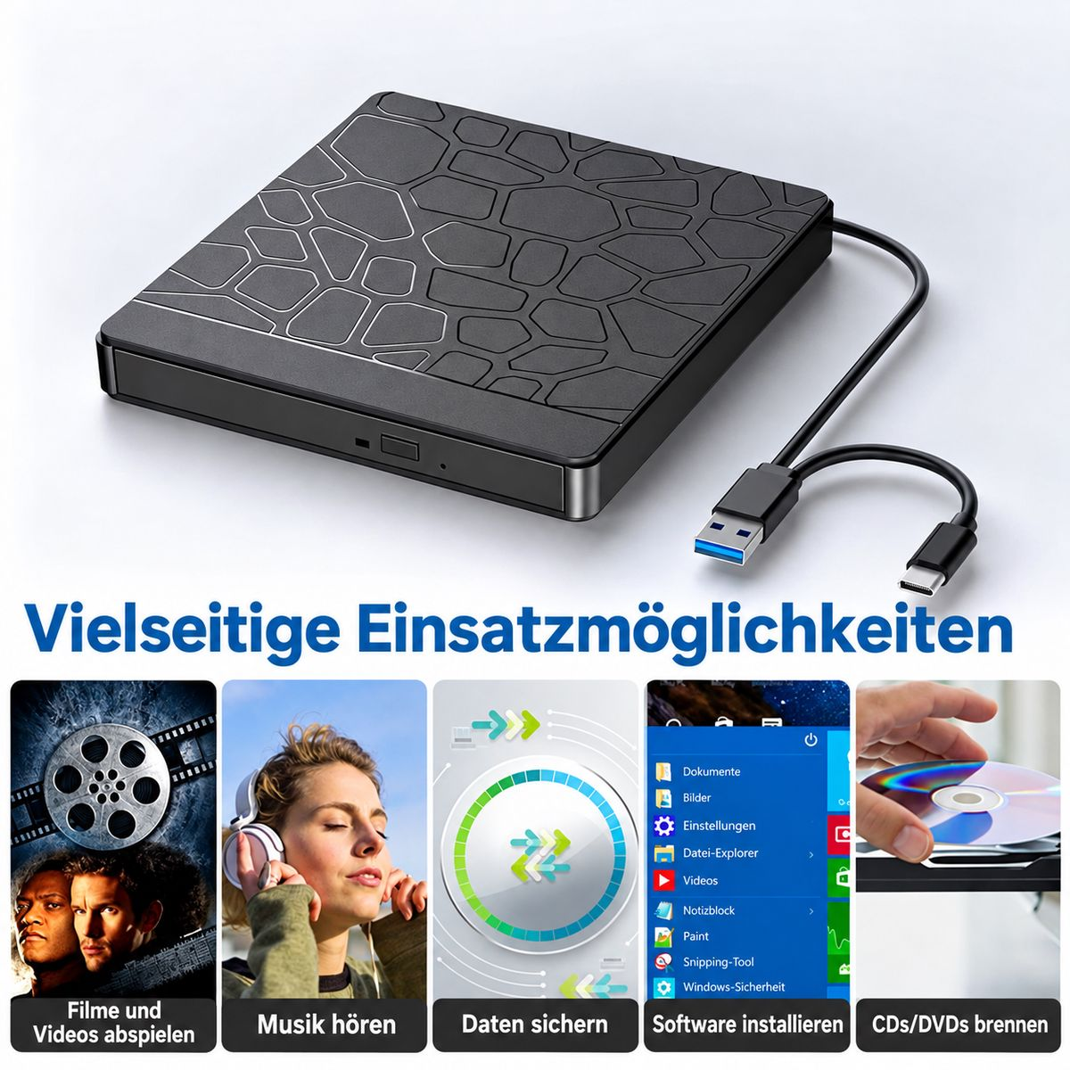 Schwarzes externes Laufwerk mit Muster, USB-Kabel und fünf Symbolbildern zu Funktionen wie Musik und Filmen.