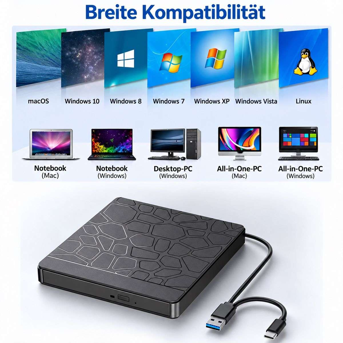 Schwarzes externes Laufwerk mit Mosaikmuster und Symbolen für breite Betriebssystemkompatibilität.