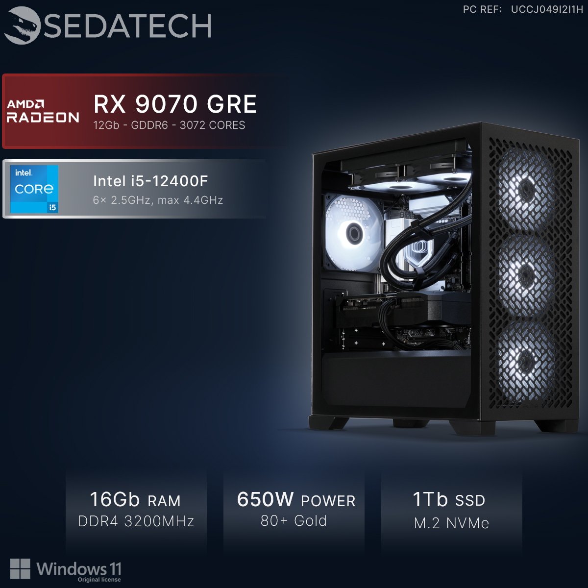 Sedatech PC mit Intel i5, AMD Radeon RX 9070 GRE, 16GB RAM, 1Tb SSD und Windows 11.