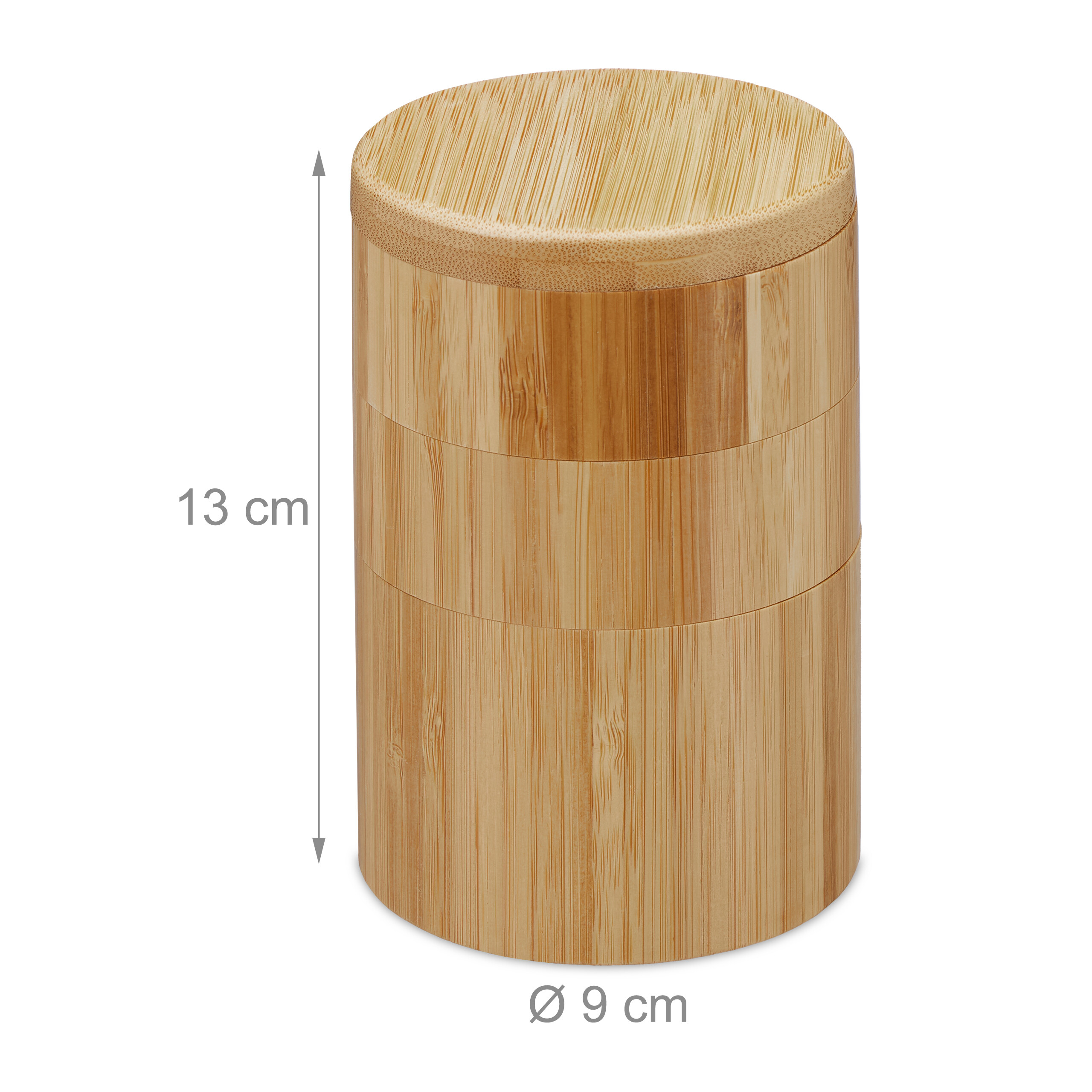 Zylindrische Bambus-Aufbewahrungsbox mit Deckel, Höhe 13 cm, Durchmesser 9 cm, auf weißem Hintergrund.