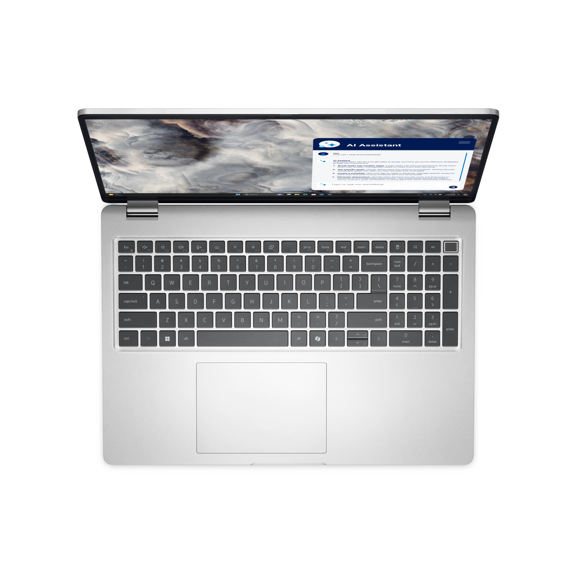 Ein silberner Laptop von oben, mit geöffnetem Bildschirm, der eine KI-Assistenten-Anwendung zeigt, sowie Tastatur und Trackpad.