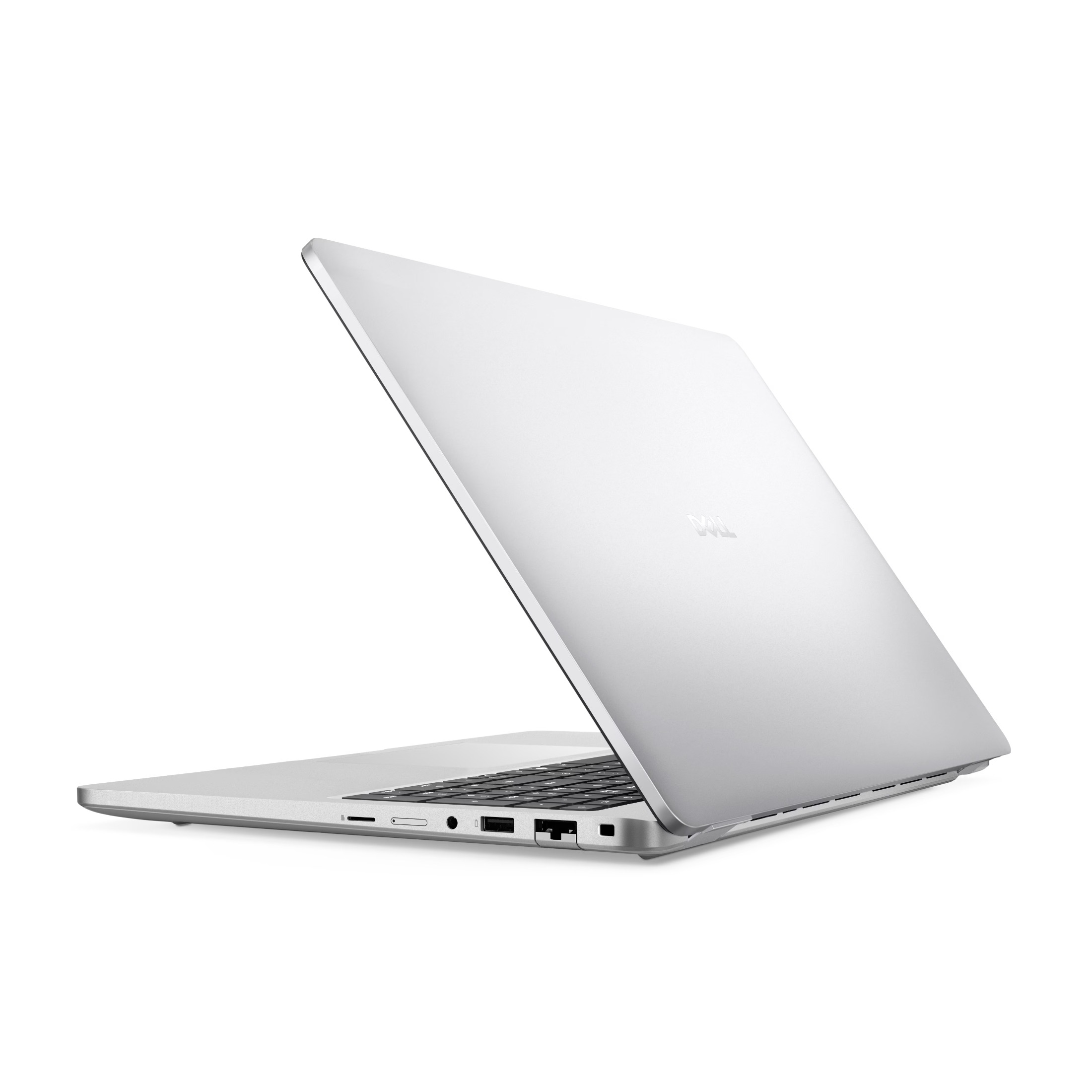 Ein silberner Dell-Laptop von rechts, zeigt Anschlüsse, Tastatur und geschlossenen Bildschirm vor weißem Hintergrund.