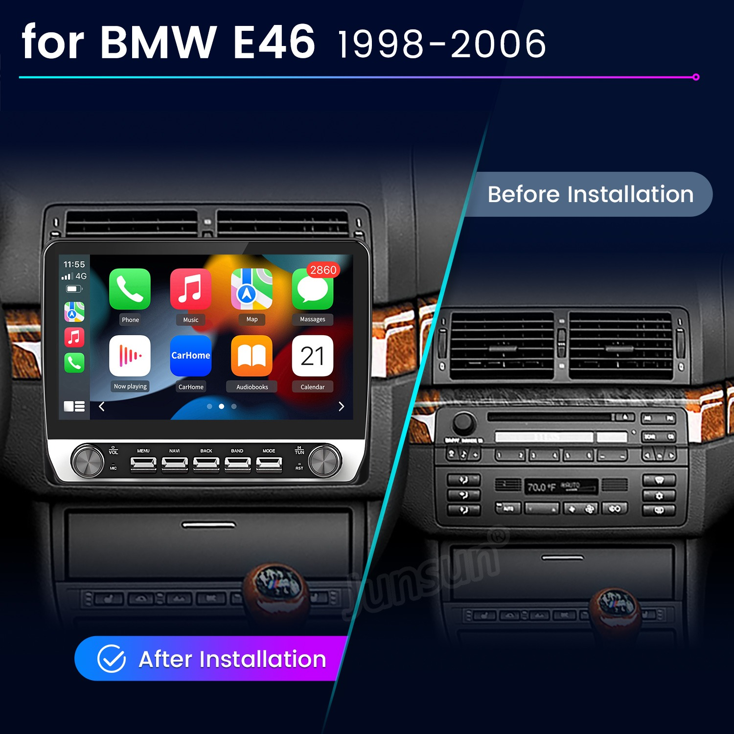 Vergleich des BMW E46 Armaturenbretts vor und nach der Installation eines neuen Touchscreen-Radios.