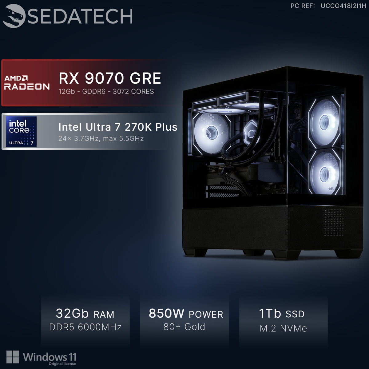 Sedatech PC mit Intel Ultra 7, RX 9070 GRE, 32GB RAM, 1TB SSD und beleuchteten Gehäuselüftern.