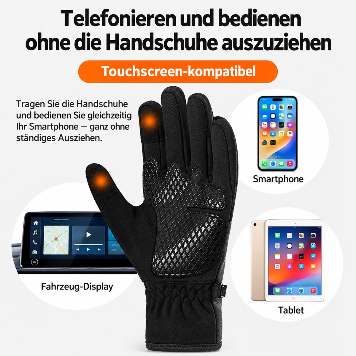 Ein schwarzer, touchscreen-kompatibler Handschuh, umgeben von Smartphone, Tablet und Autodisplay zur Veranschaulichung.