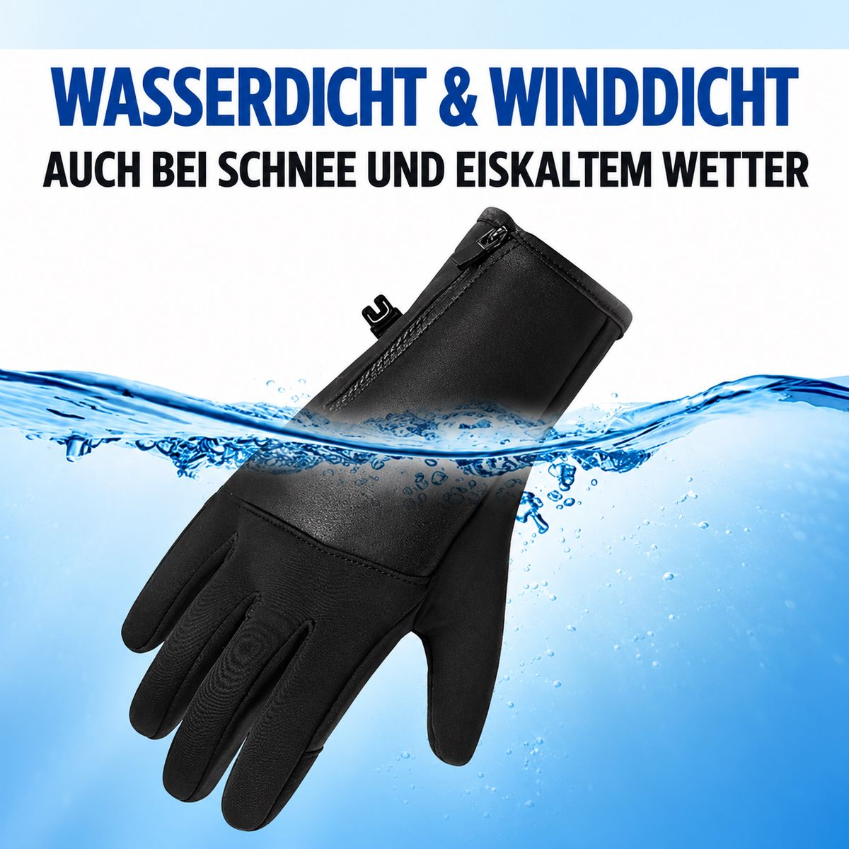 Ein schwarzer Winterhandschuh, zur Hälfte im Wasser, mit deutschem Text oben.