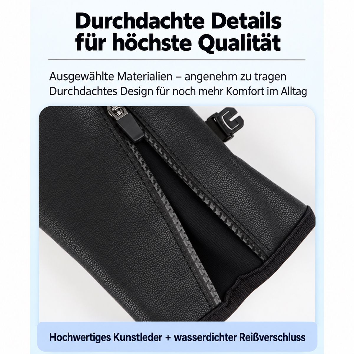 Nahaufnahme einer schwarzen Kunstleder-Tasche mit wasserdichtem Reißverschluss und Text über Qualität.