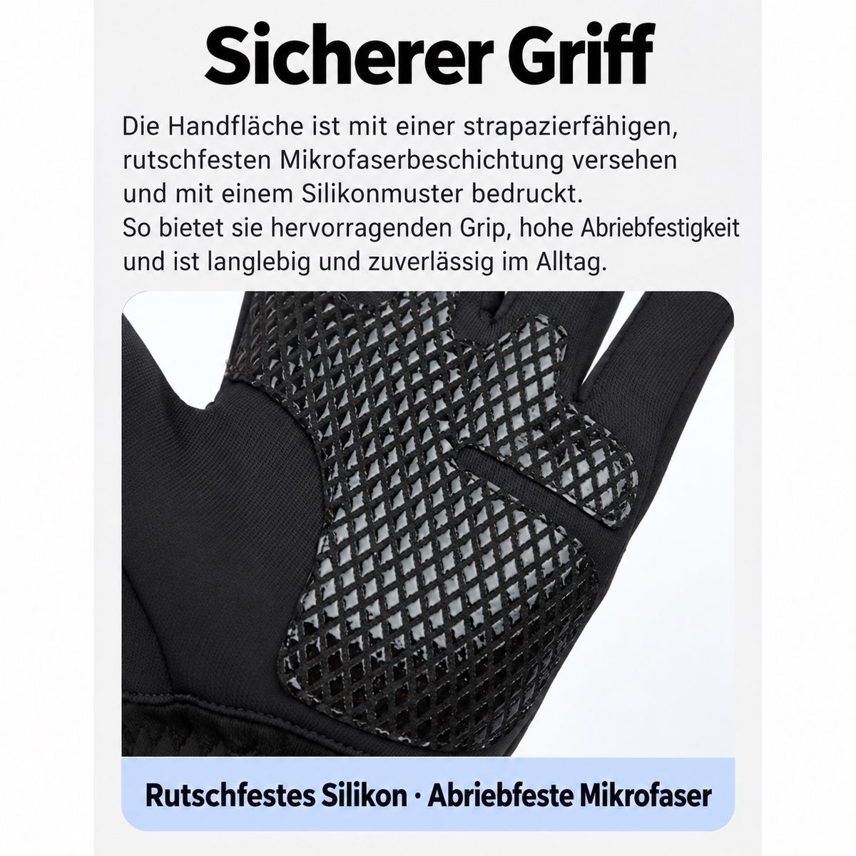 Handfläche eines schwarzen Handschuhs mit rutschfestem Silikonmuster und Mikrofaserschicht.