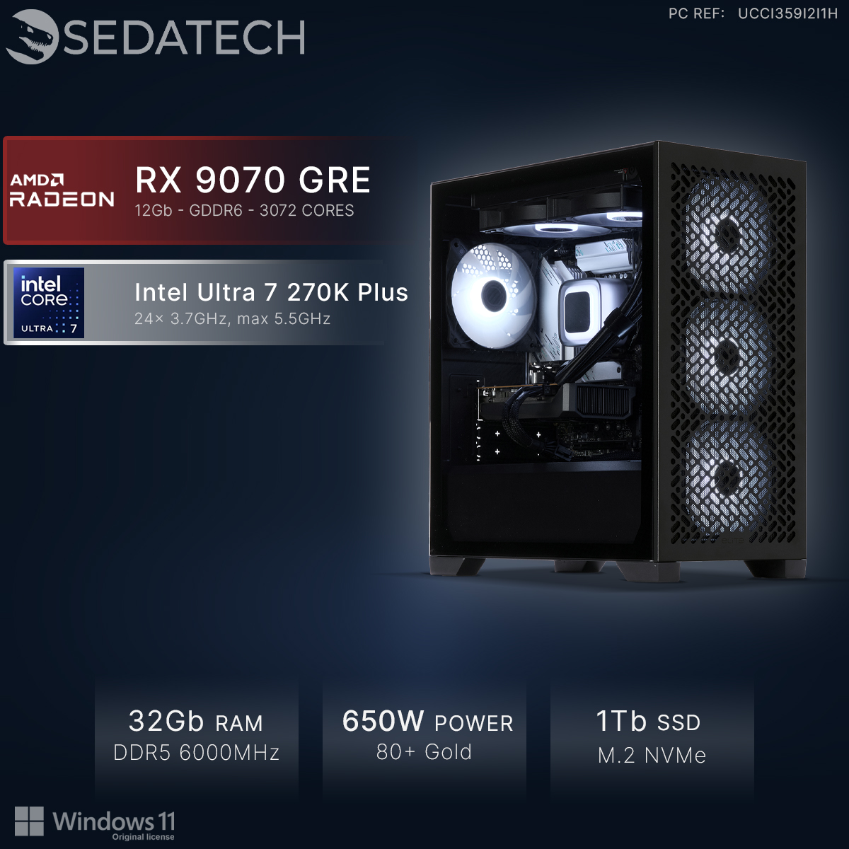 Sedatech PC mit Intel Ultra 7, RX 9070 GRE, 32GB RAM, 1Tb SSD und Windows 11.