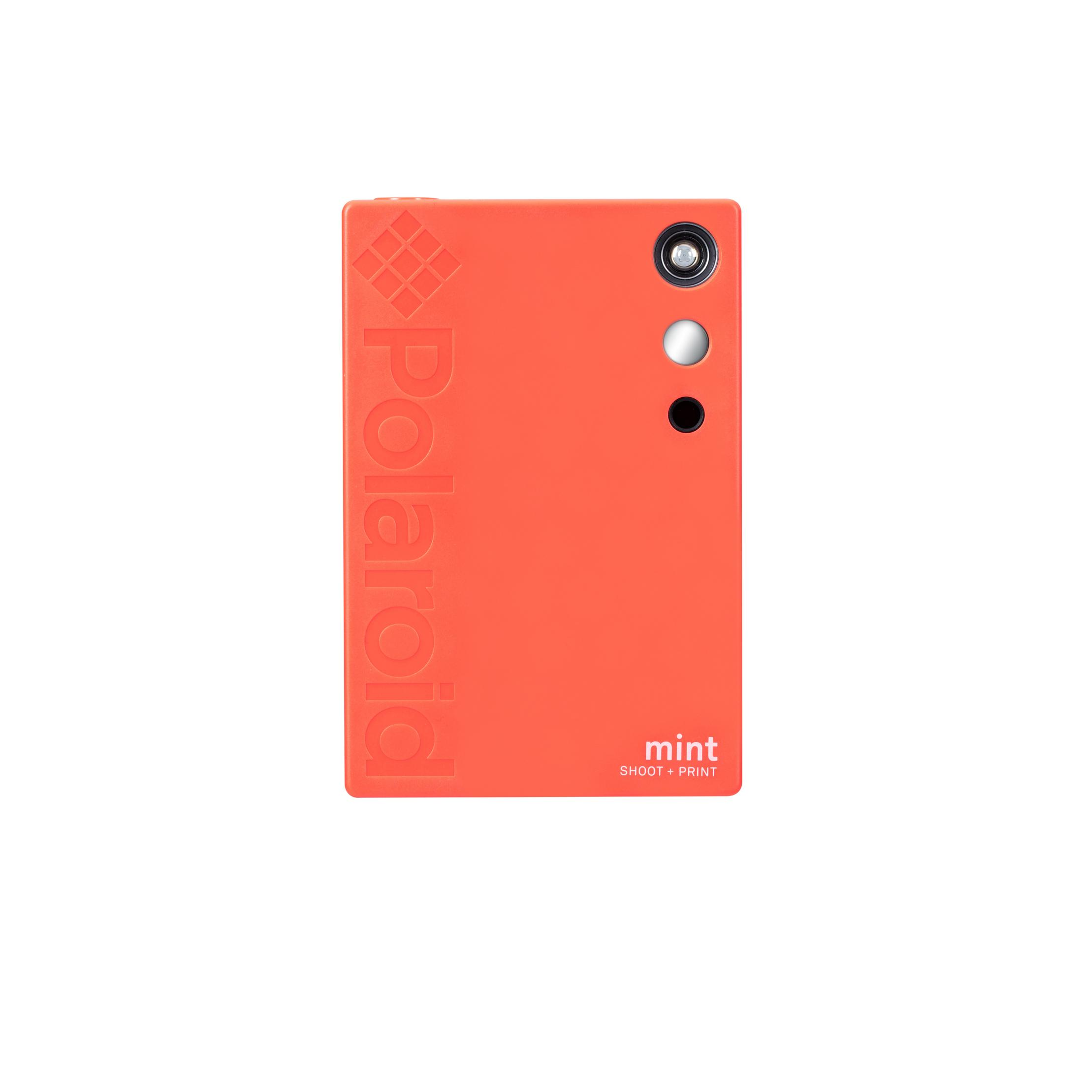 Rote Polaroid Mint Sofortbildkamera auf weißem Hintergrund mit vertikalem Logo.