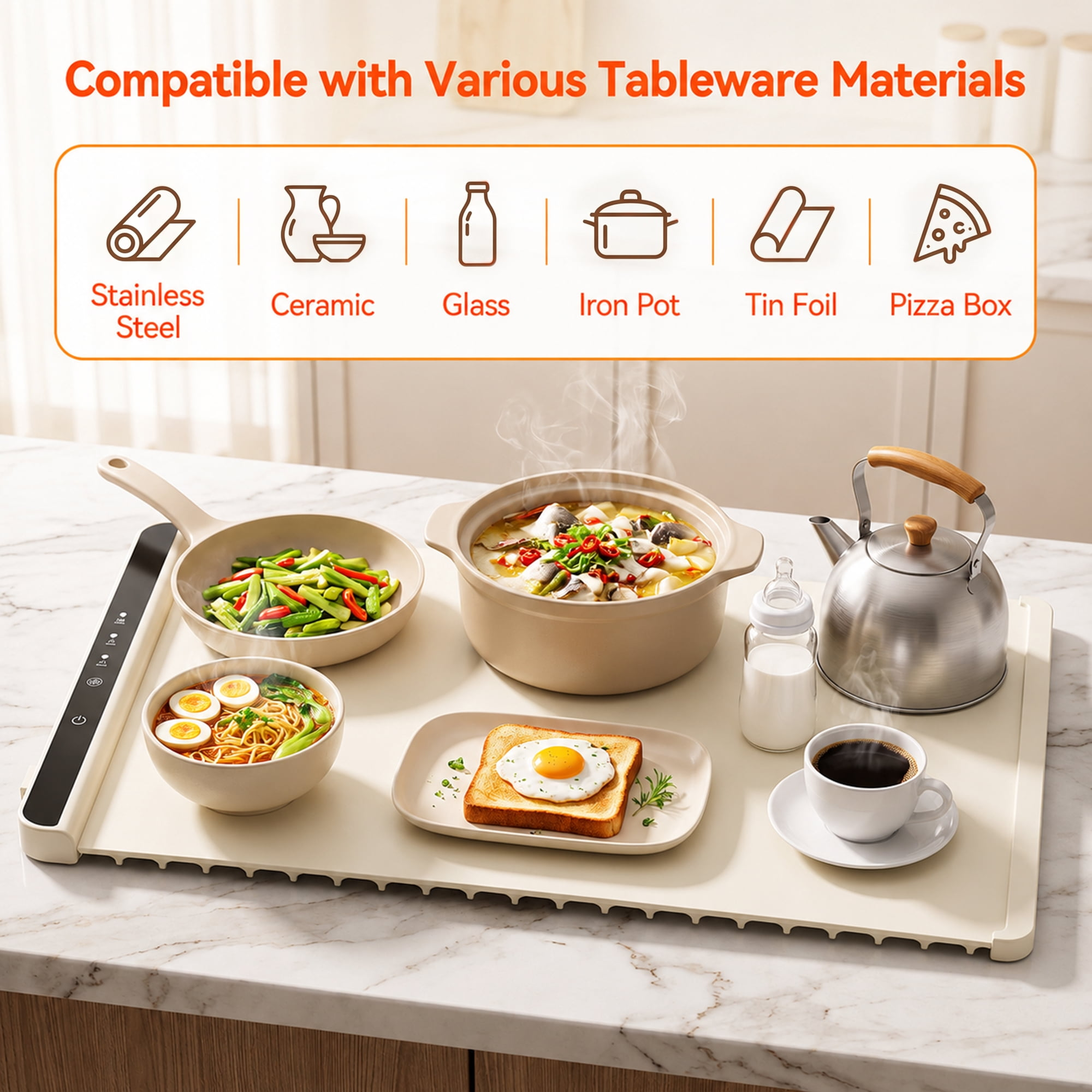 Ein Warmhaltepad mit Kochgeschirr wie Suppe, Brot und Kaffeetasse, zeigt verschiedene kompatible Materialien.