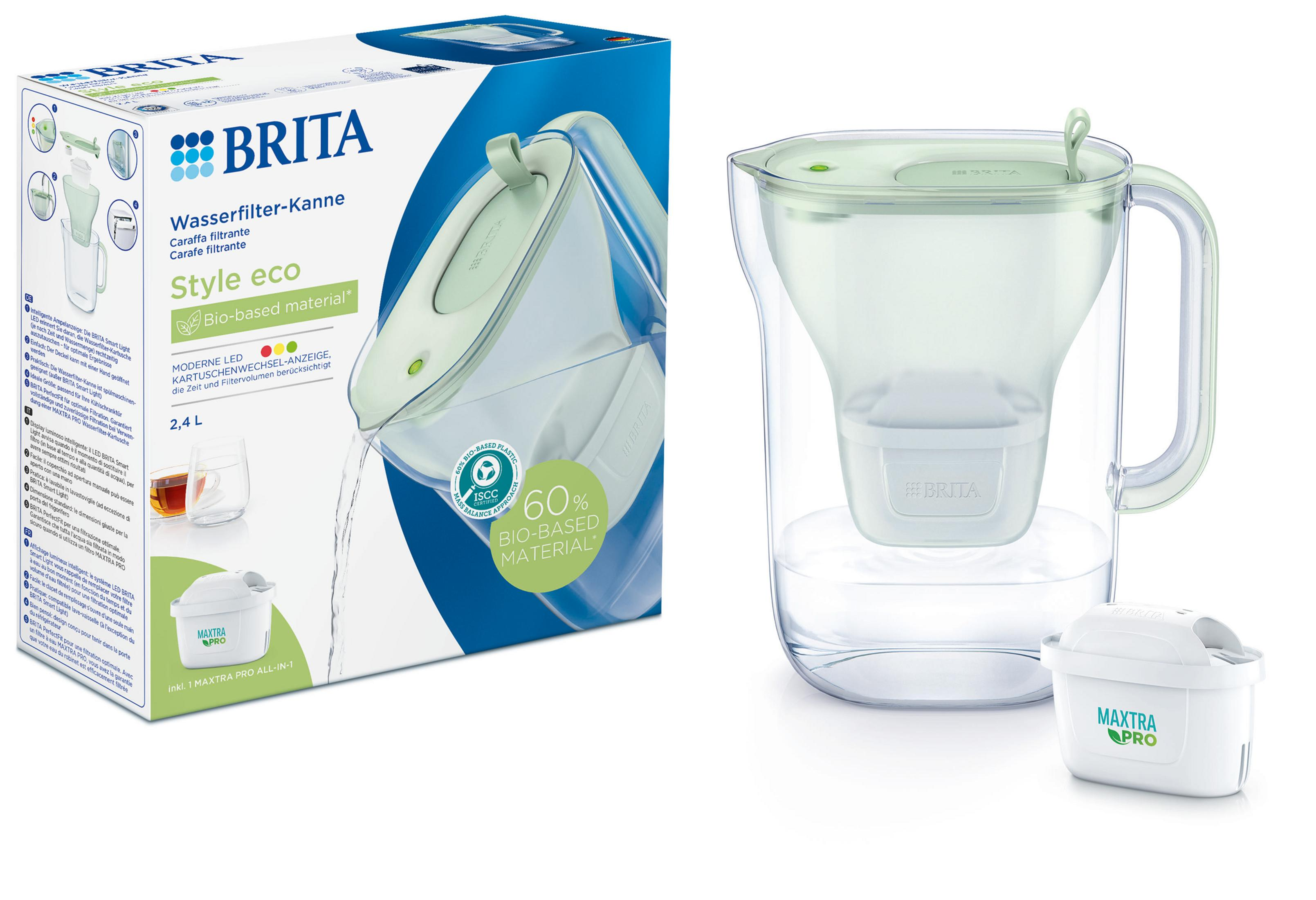 BRITA Style Eco Wasserfilter-Kanne in Weiß und Mintgrün mit Verpackung und Ersatzfilter.
