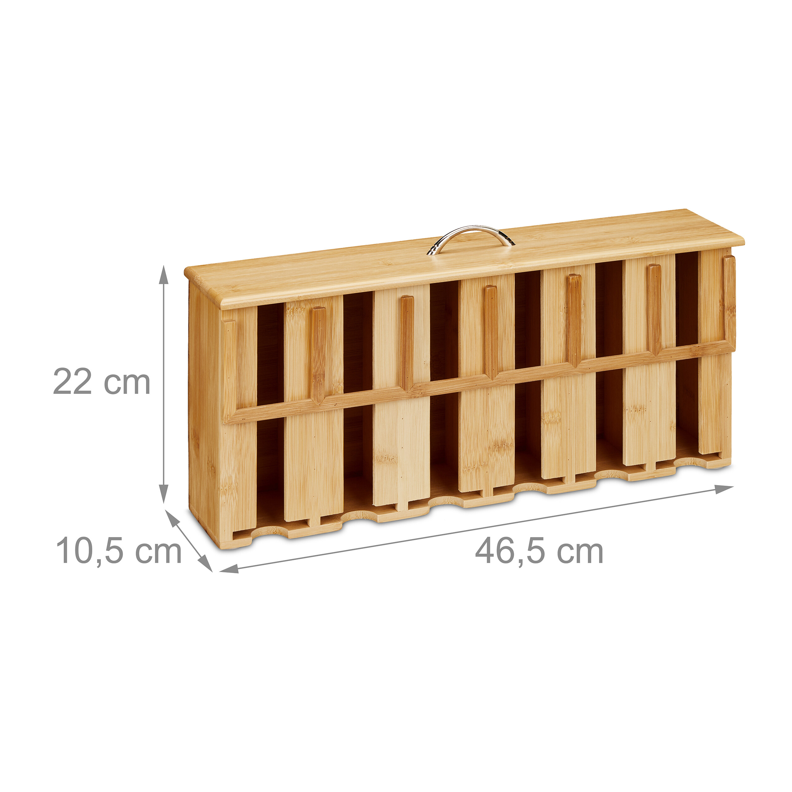 Bambus-Teebeutelbox mit silbernem Griff und Maßen 46,5x22x10,5 cm auf weißem Grund.