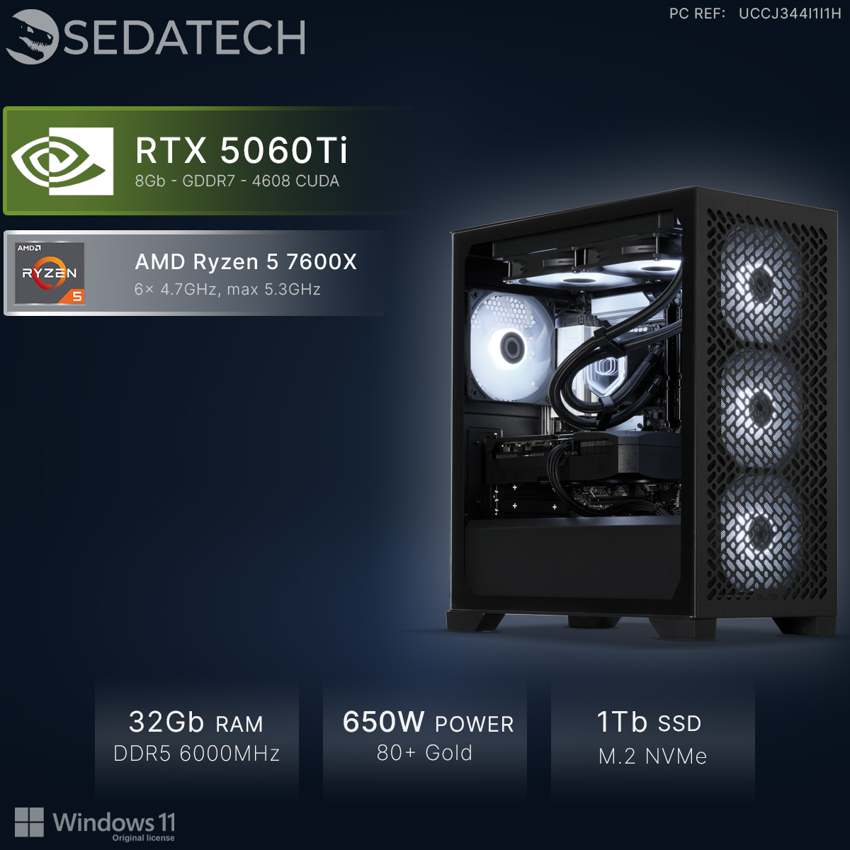 Ein schwarzer Sedatech PC mit weiß leuchtenden Lüftern, RTX 5060Ti, AMD Ryzen 5, 32GB RAM, 650W Netzteil und 1TB SSD.