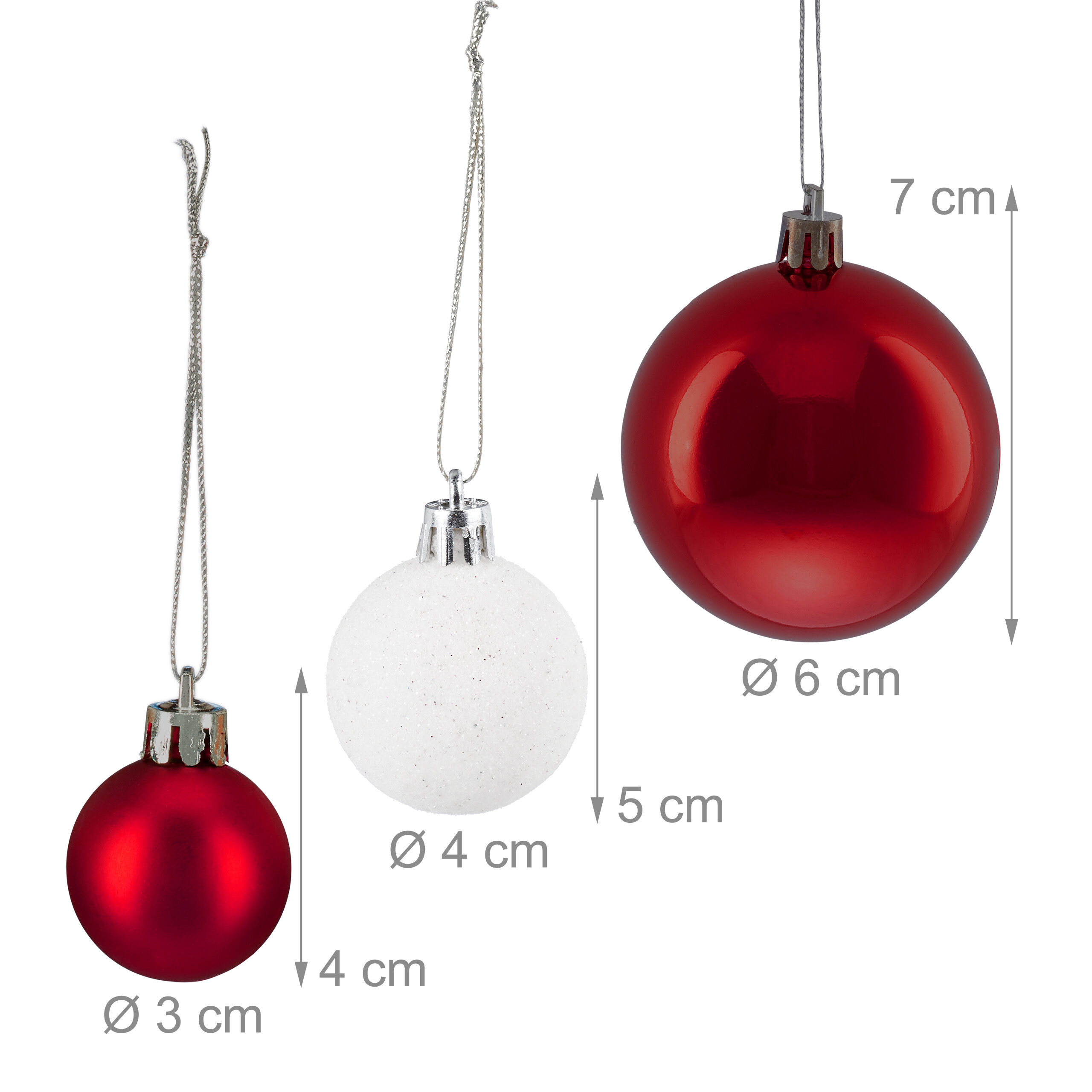 Drei Weihnachtskugeln mit Größenangaben: eine rote (3cm), eine weiße (4cm) und eine größere rote (6cm).