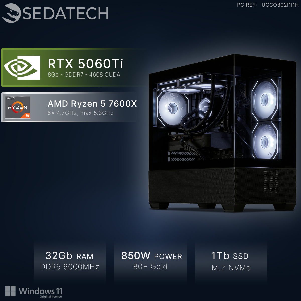 Sedatech PC mit RTX 5060Ti, AMD Ryzen 5, 32GB RAM und beleuchteten Lüftern.