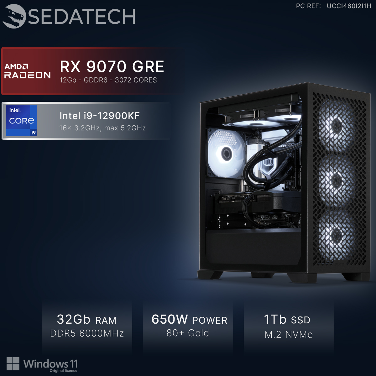 Sedatech PC mit AMD Radeon RX 9070 GRE, Intel i9-12900KF, 32GB RAM, 650W Netzteil, 1TB SSD und Windows 11.