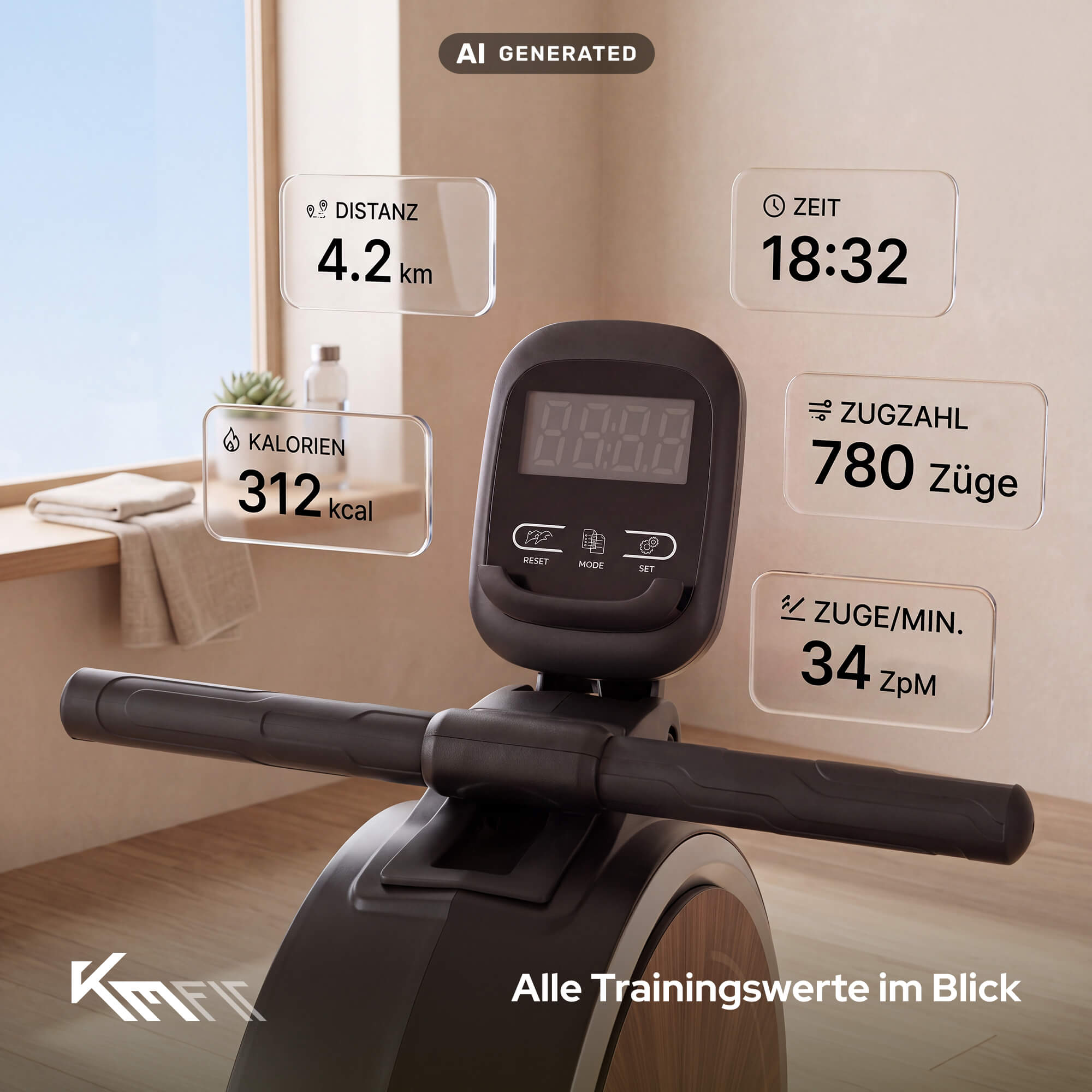 Rudergerät-Display mit digitalen overlays für Distanz, Zeit, Kalorien, Züge und Züge/Min. in einem Raum.