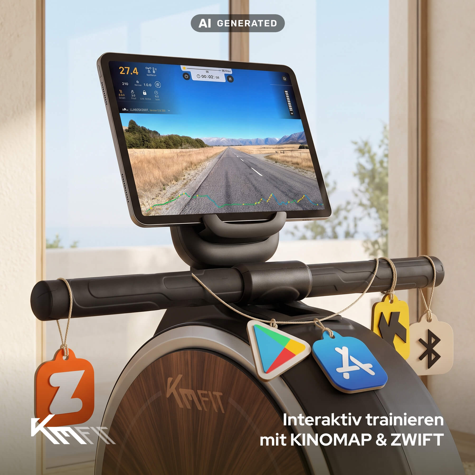 Ein Heimtrainer mit Tablet zeigt eine Straße und hängende App-Logos am Lenker.