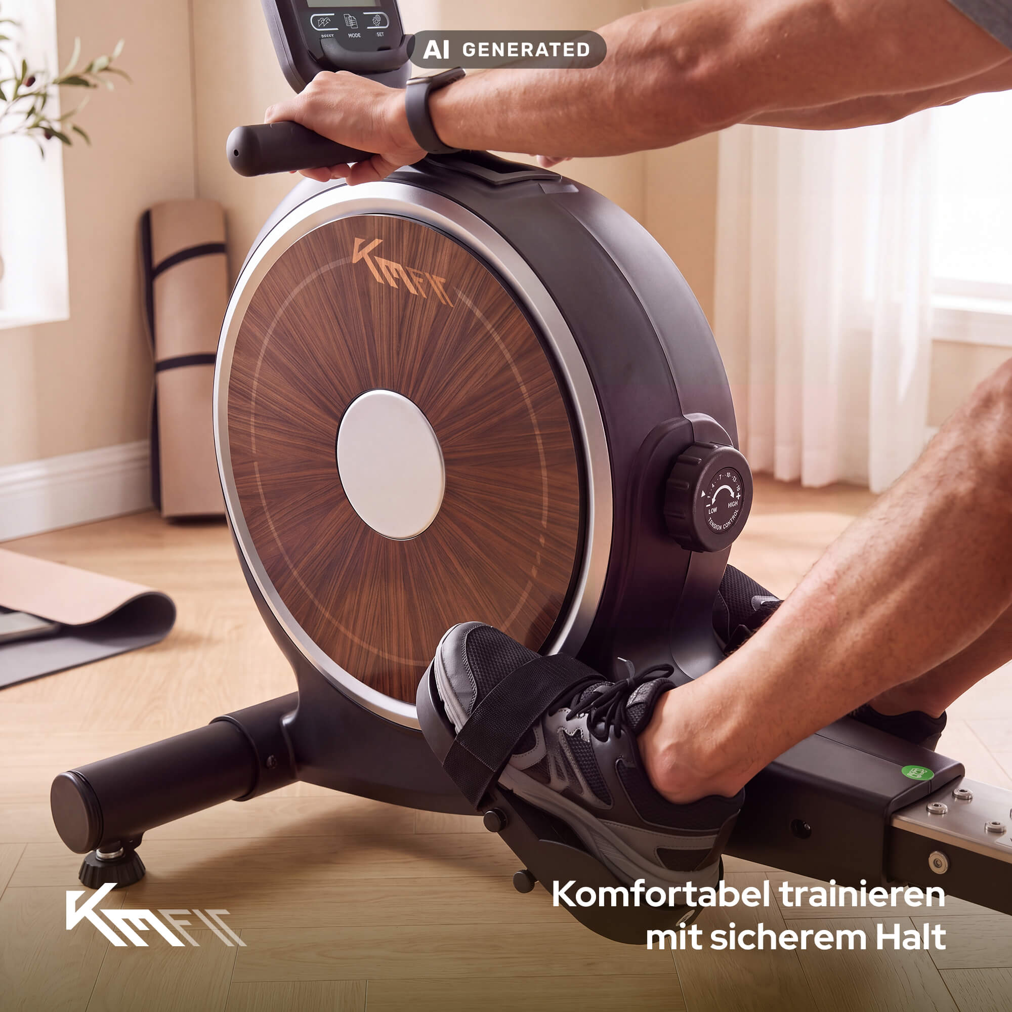 Ein Mensch trainiert auf einem Heimtrainer mit Holzakzenten in einem hellen Raum.