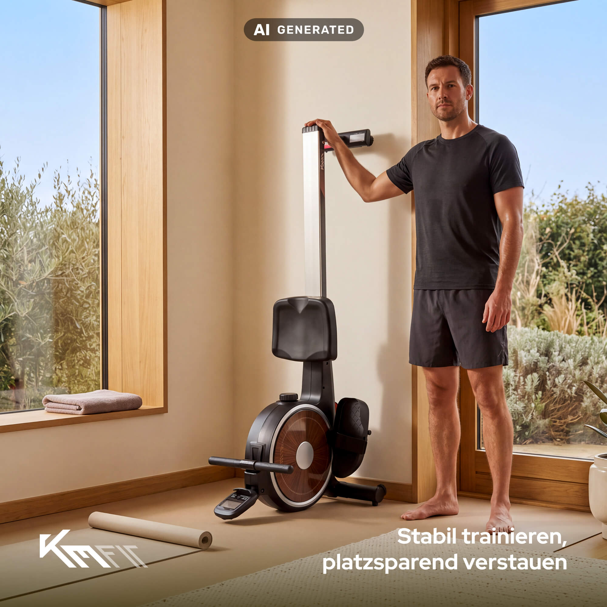 Ein Mann in Sportkleidung steht drinnen neben einem vertikal gelagerten Rudergerät an Fenstern.