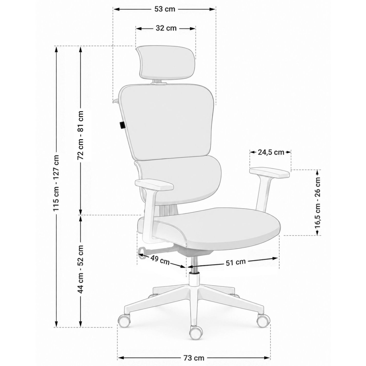Rysunek techniczny ergonomicznego krzesła biurowego z wymiarami w centymetrach.