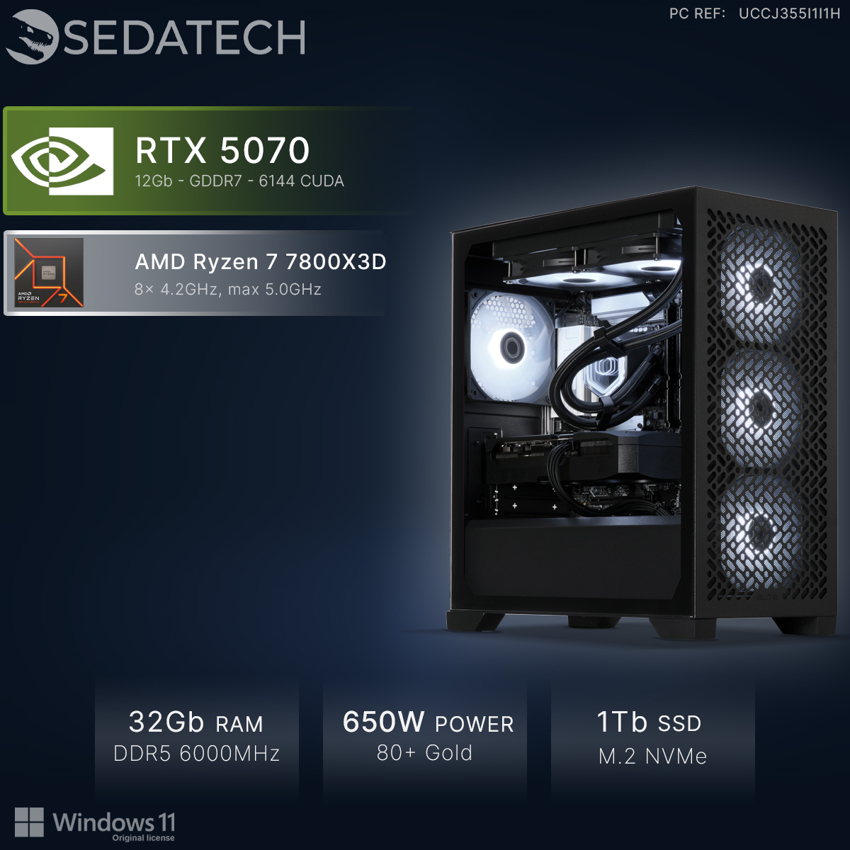 Sedatech Gaming-PC mit RTX 5070, AMD Ryzen 7, 32 GB RAM, 650W Netzteil und 1TB SSD auf dunklem Hintergrund.