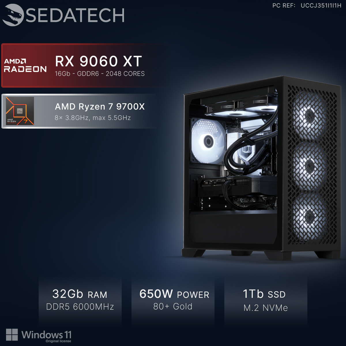 Sedatech PC mit AMD Ryzen 7 und RX 9060 XT, 32GB RAM, 1TB SSD, beleuchtetes Gehäuse auf dunklem Hintergrund.