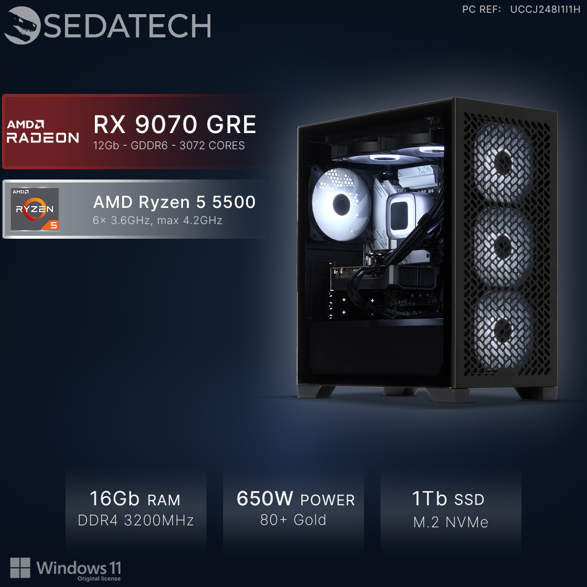 Sedatech Gaming-PC mit AMD Ryzen 5 5500 und RX 9070 GRE Grafik, beleuchteten Lüftern und 16 GB RAM.