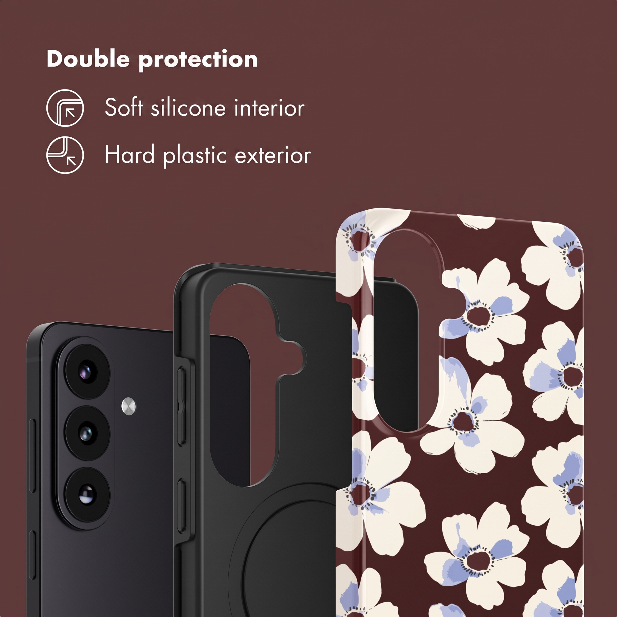 Schwarzes Smartphone mit Schutzhülle, innen weiches Silikon und außen hartes Plastik, mit Blumenmuster.
