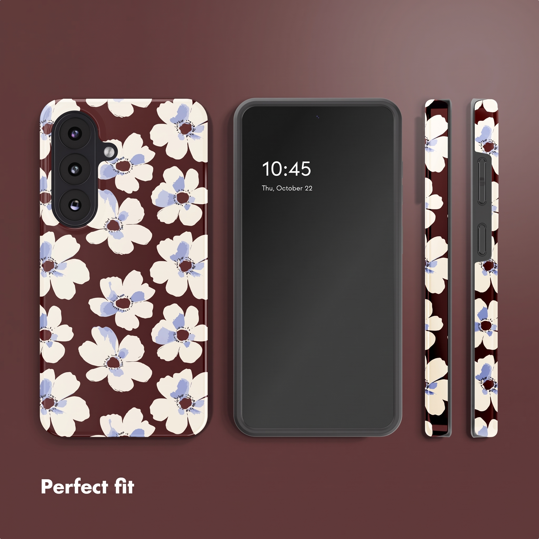 Ein dunkelrotes Smartphone-Gehäuse mit weiß-blauen Blumen, separat gezeigt.
