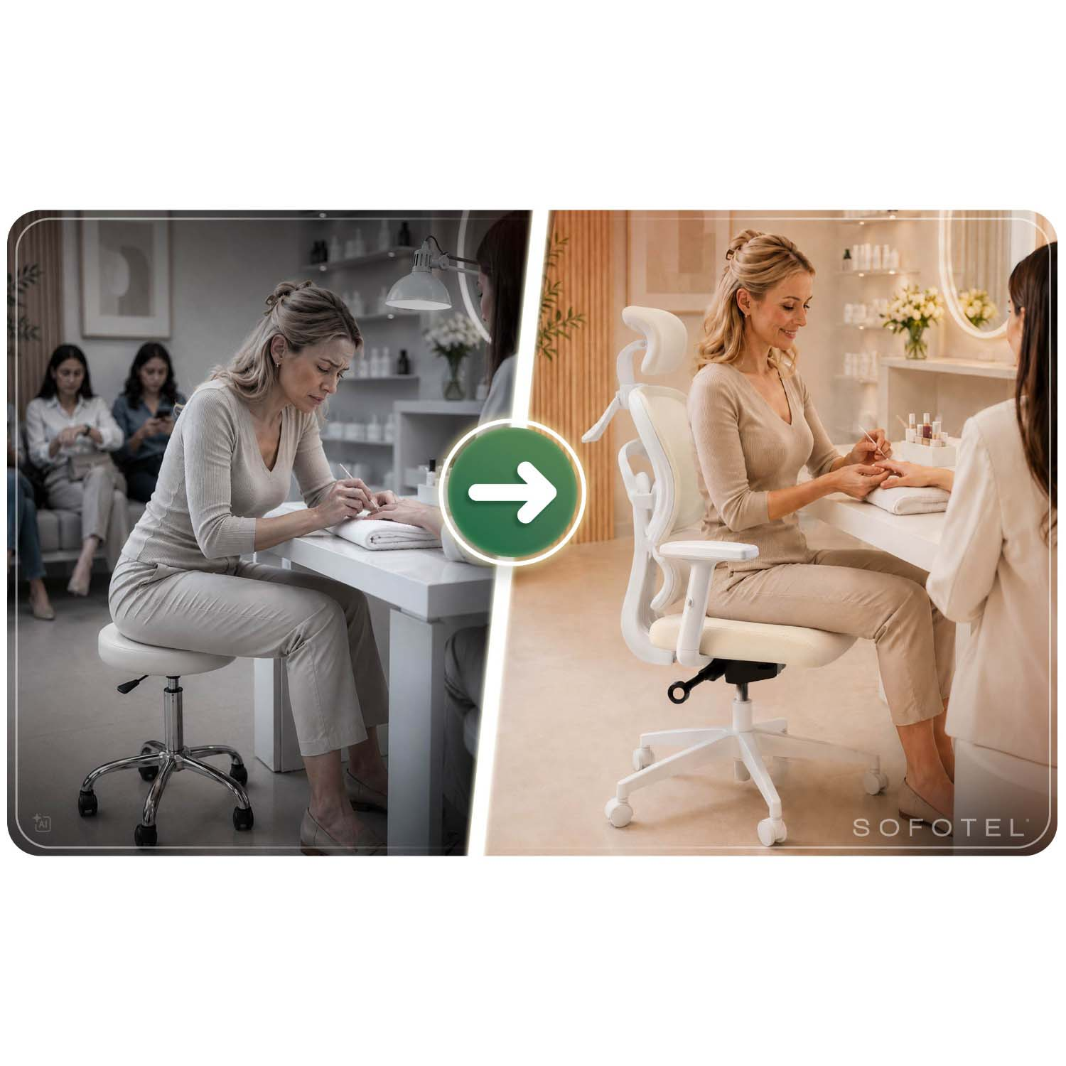 Porównanie przed i po przedstawiające kobietę siedzącą na niewygodnym stołku, a następnie na ergonomicznym krześle.