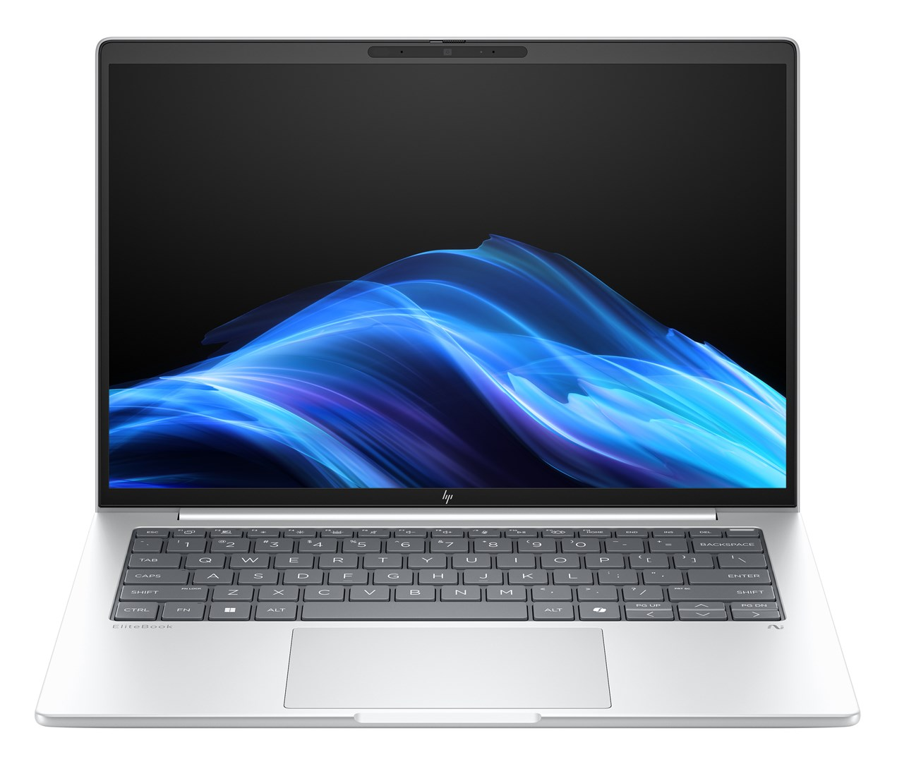 Srebrny laptop z podświetlanym ekranem przedstawiającym niebieską, abstrakcyjną grafikę falową.