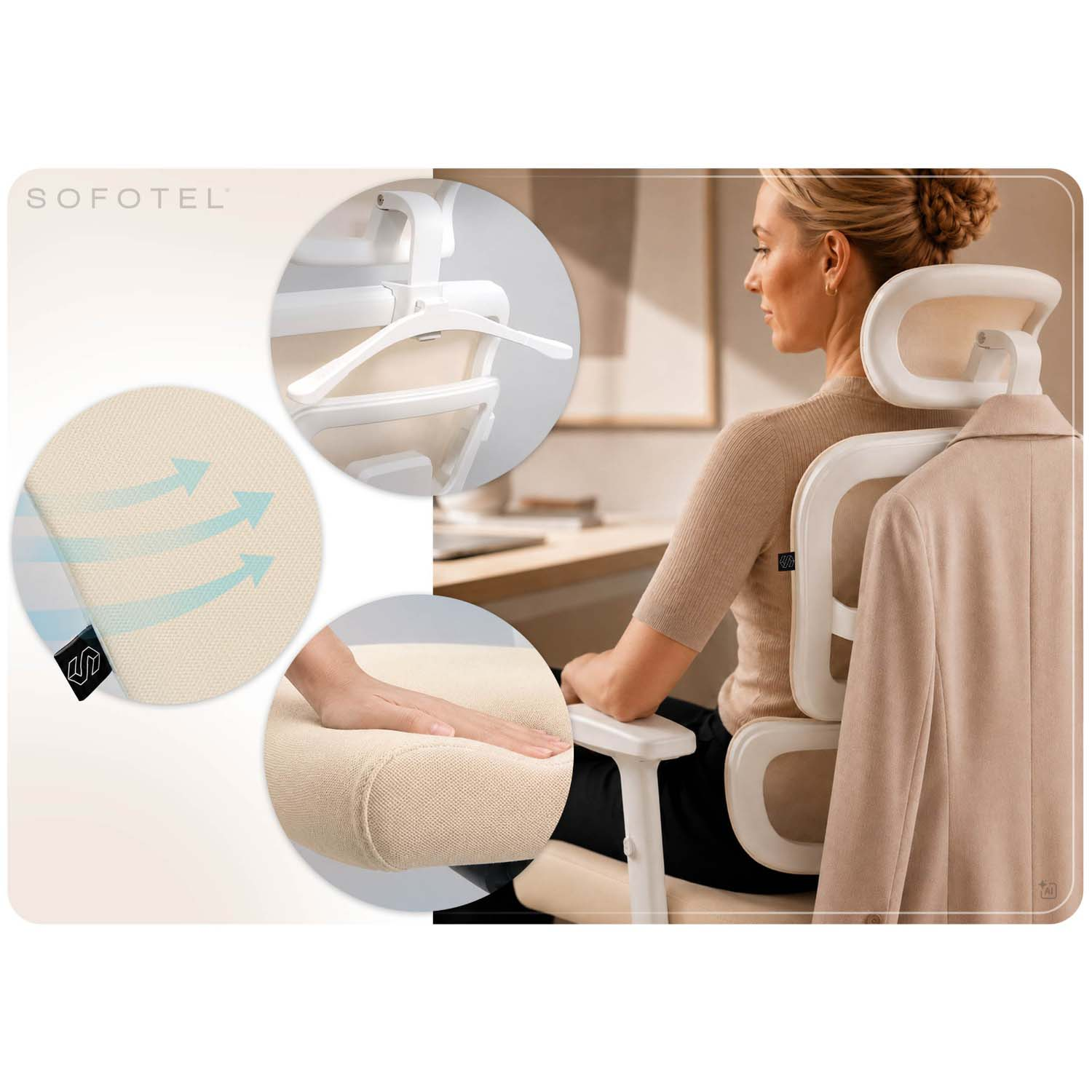 Kobieta siedzi na ergonomicznym krześle biurowym z wieszakiem na kurtkę i oddychającą poduszką.
