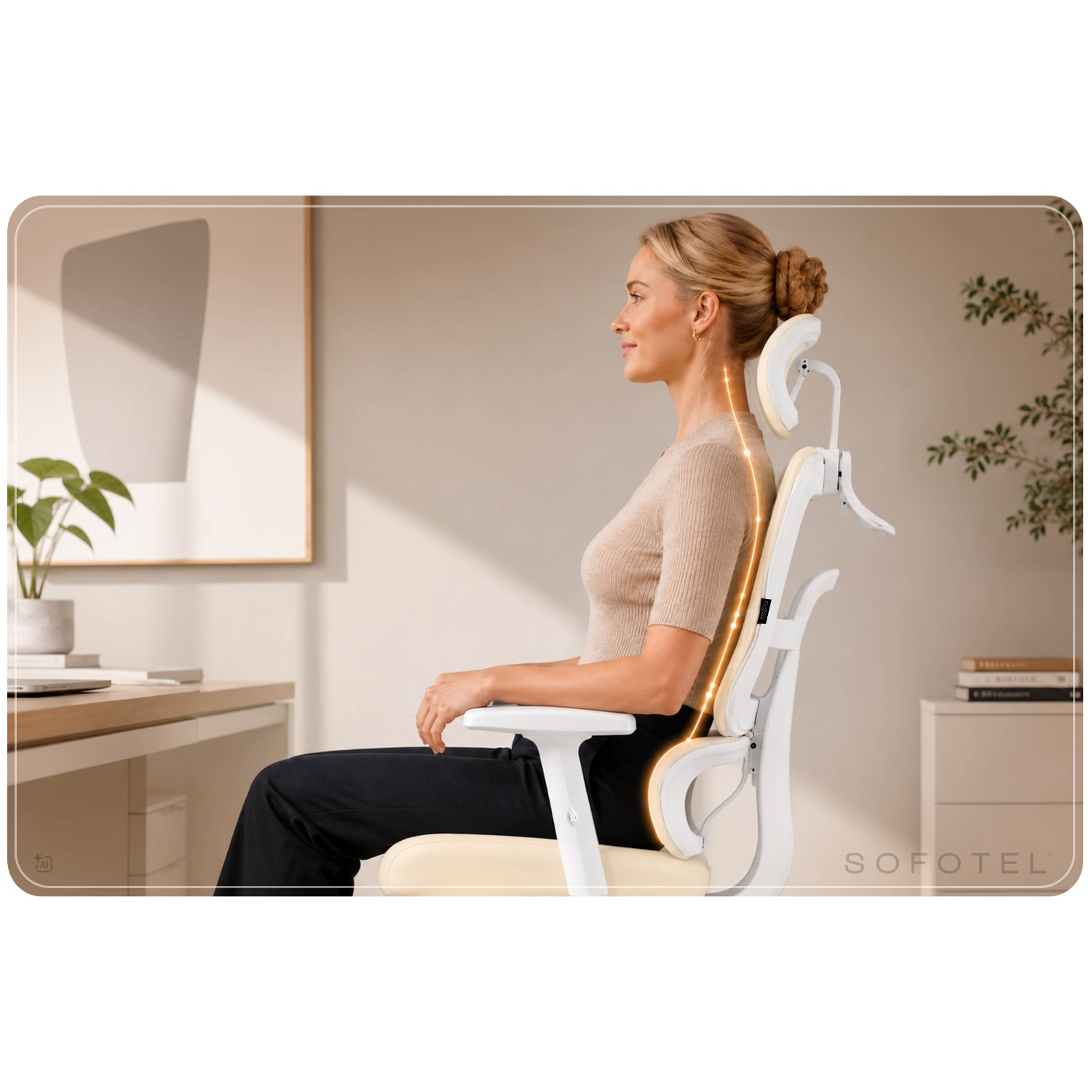 Kobieta siedzi prosto na białym krześle ergonomicznym z pomarańczową linią podparcia kręgosłupa.