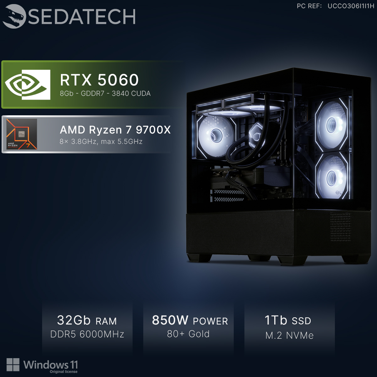 Sedatech PC mit RTX 5060, AMD Ryzen 7 9700X, 32GB RAM, 850W Netzteil, 1TB SSD und Windows 11.