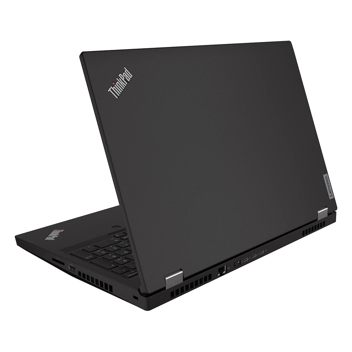 Zamknięty, czarny laptop Lenovo ThinkPad na białym tle, z logo marki na pokrywie.