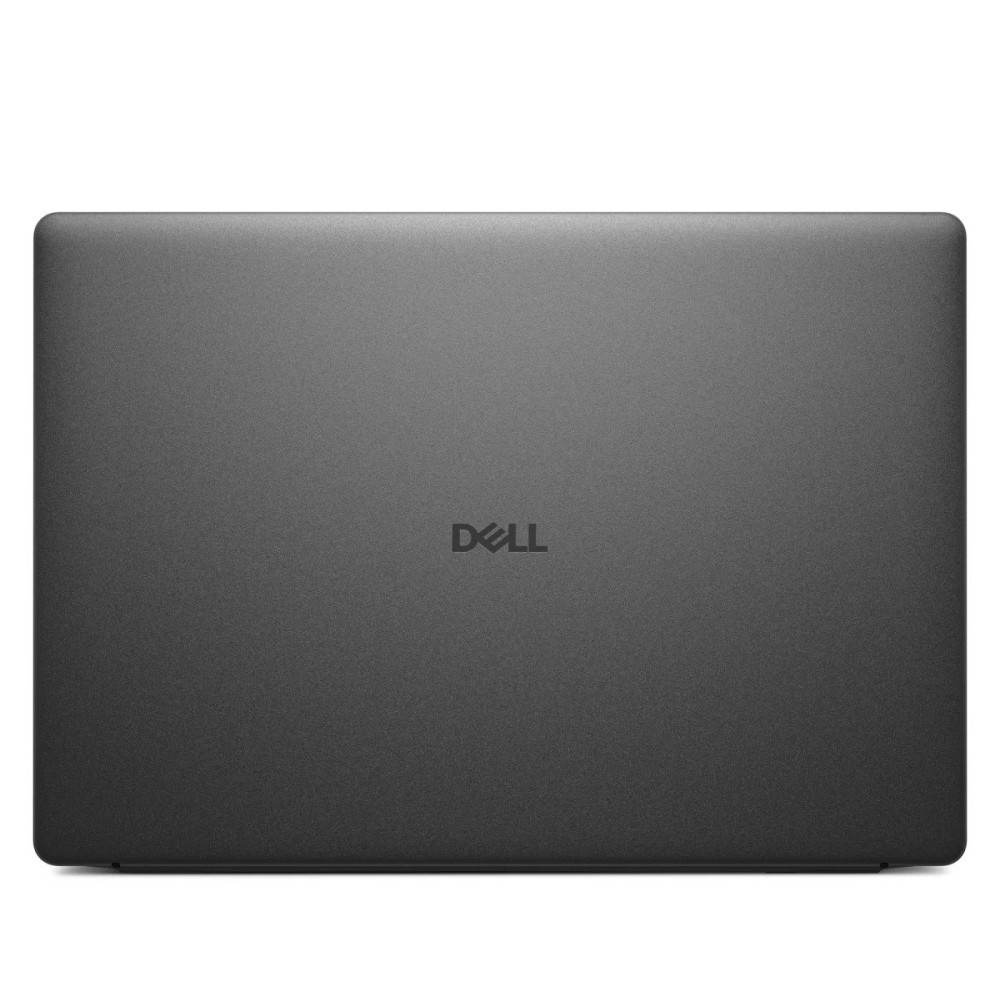 Zamknięty szary laptop Dell widziany z góry, z wyśrodkowanym logo Dell na białym tle.