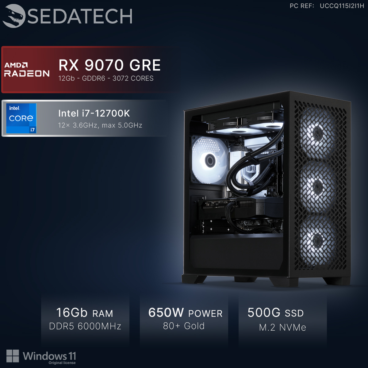 Sedatech Gaming-PC mit Intel i7-12700K, Radeon RX 9070 GRE, 16GB RAM und 500GB SSD auf dunklem Hintergrund.