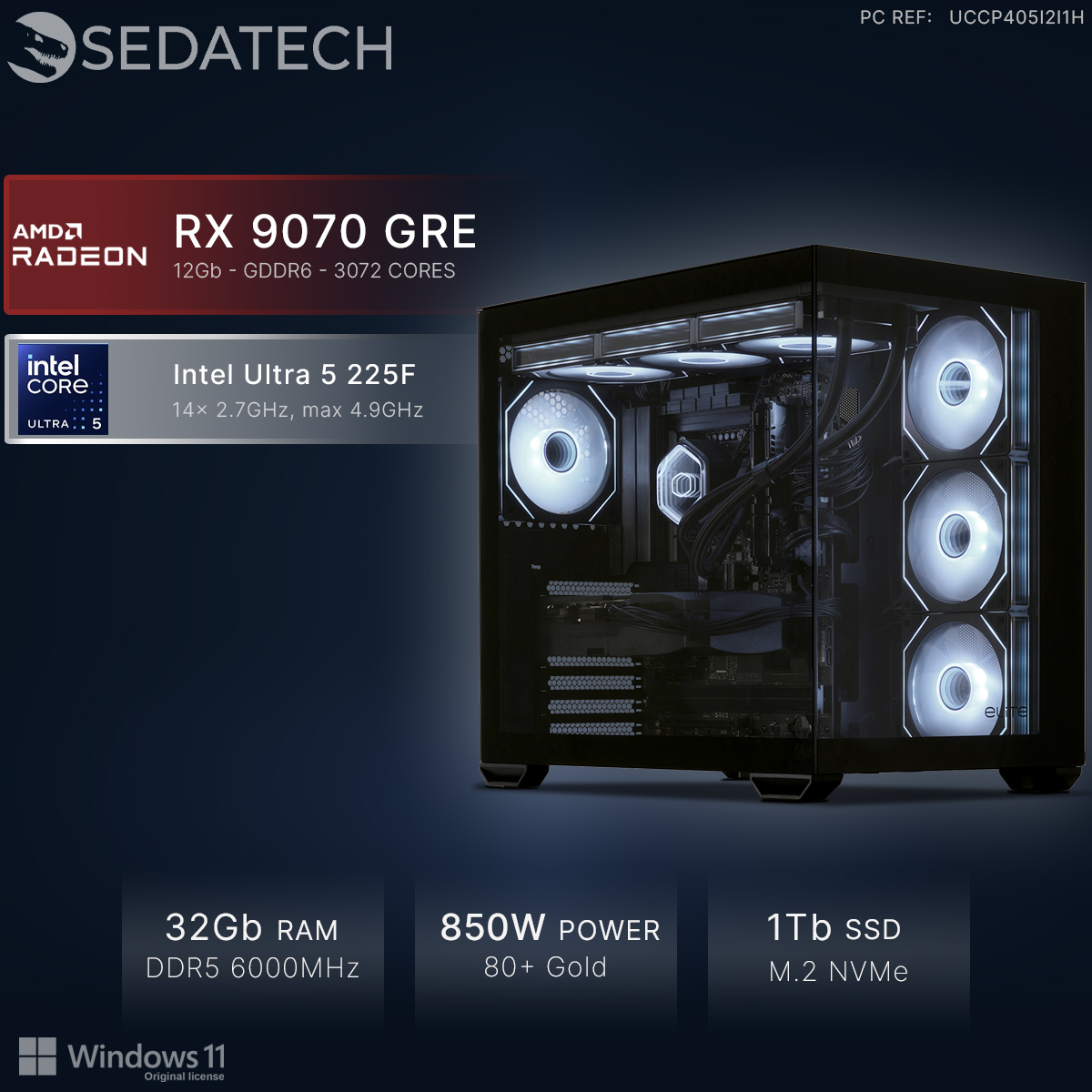 Sedatech Gaming-PC mit AMD Radeon RX 9070 GRE, Intel Ultra 5 225F, 32GB RAM, 1TB SSD und weiß beleuchteten Lüftern.
