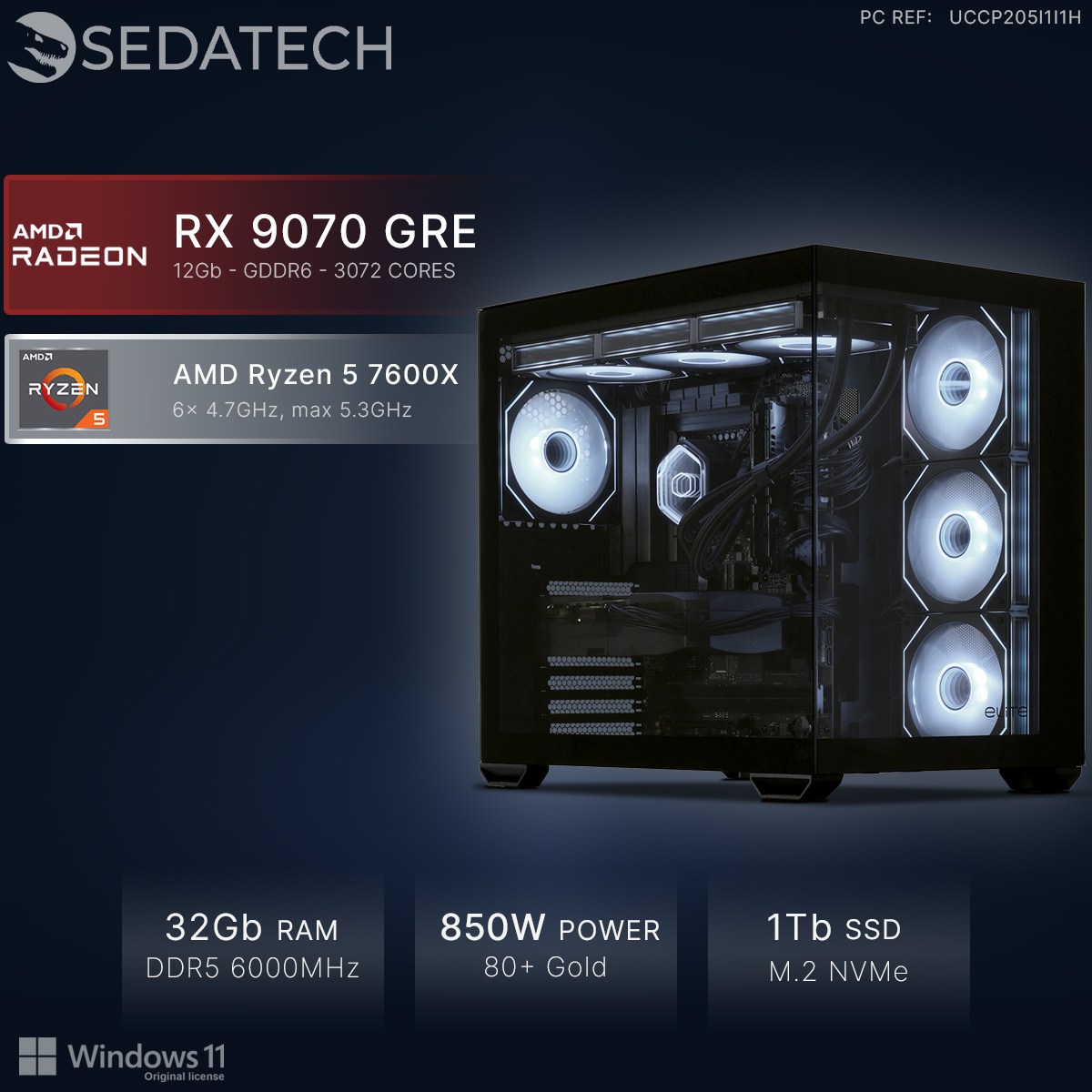 Sedatech PC mit RX 9070 GRE, Ryzen 5 7600X, 32GB RAM, 850W Netzteil, 1TB SSD und Windows 11.