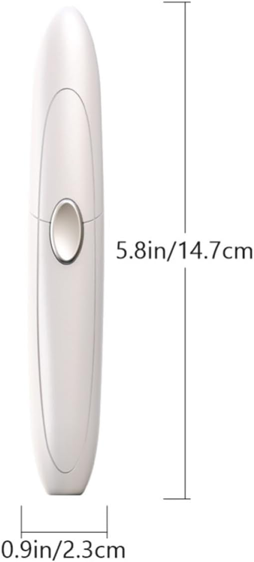 Weißes, schlankes Gerät mit ovalem silbernen Knopf; Abmessungen 5,8 Zoll lang und 0,9 Zoll breit.