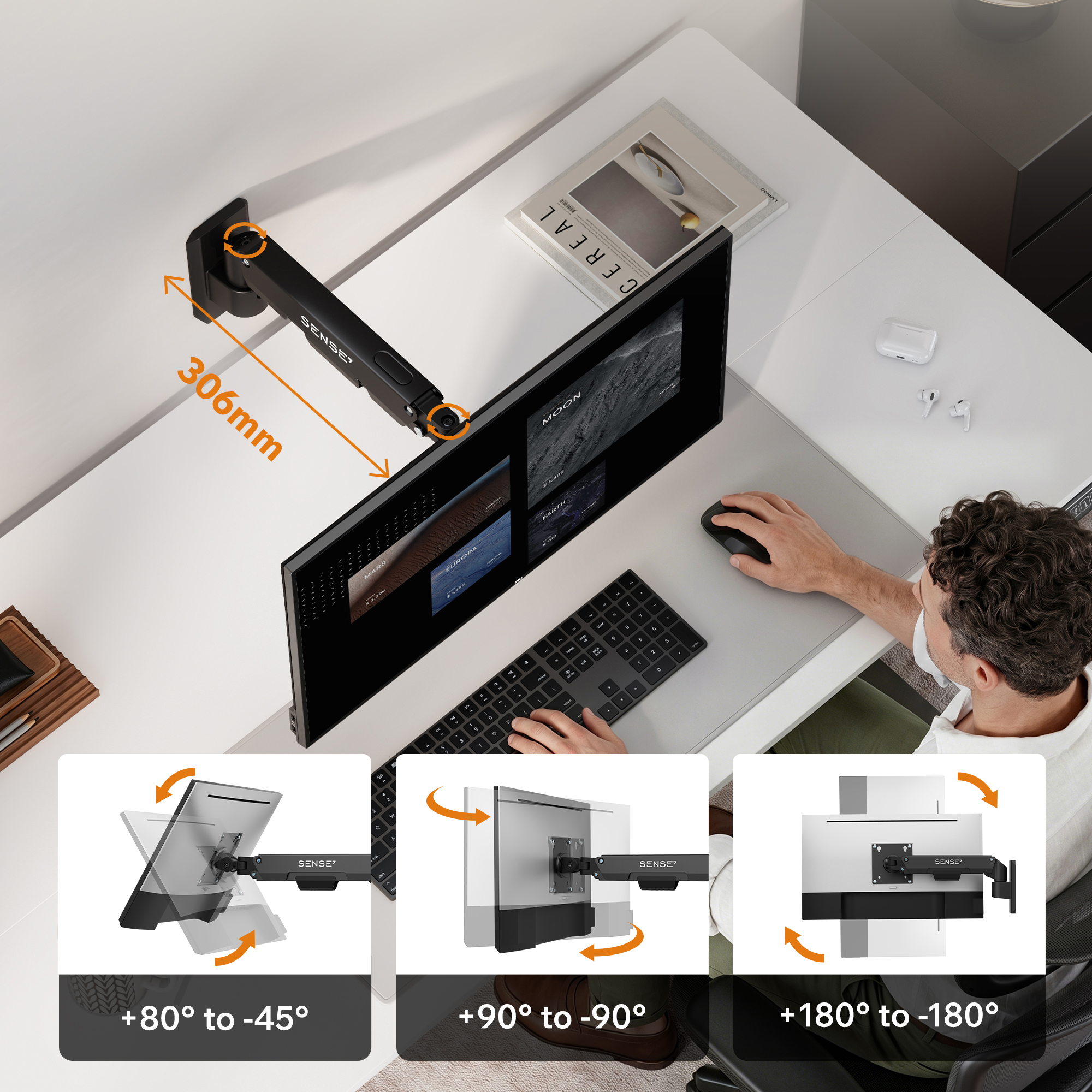 Draufsicht auf einen Schreibtisch mit Monitor an schwarzem Arm, Tastatur, Maus und drei Winkeldia.