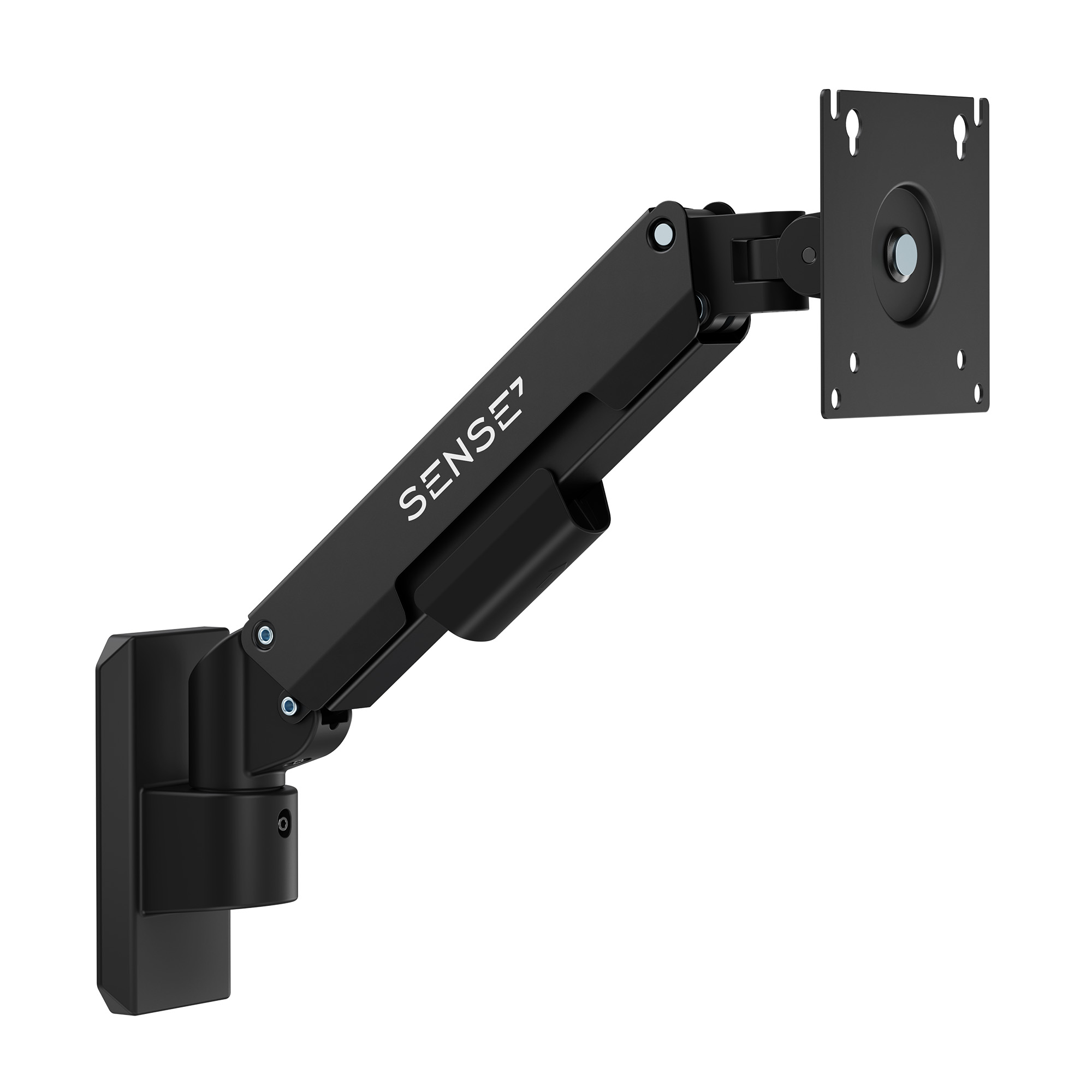 Ein schwarzer, verstellbarer Monitorarm ist an der Wand montiert und zeigt den Markennamen Sense7.