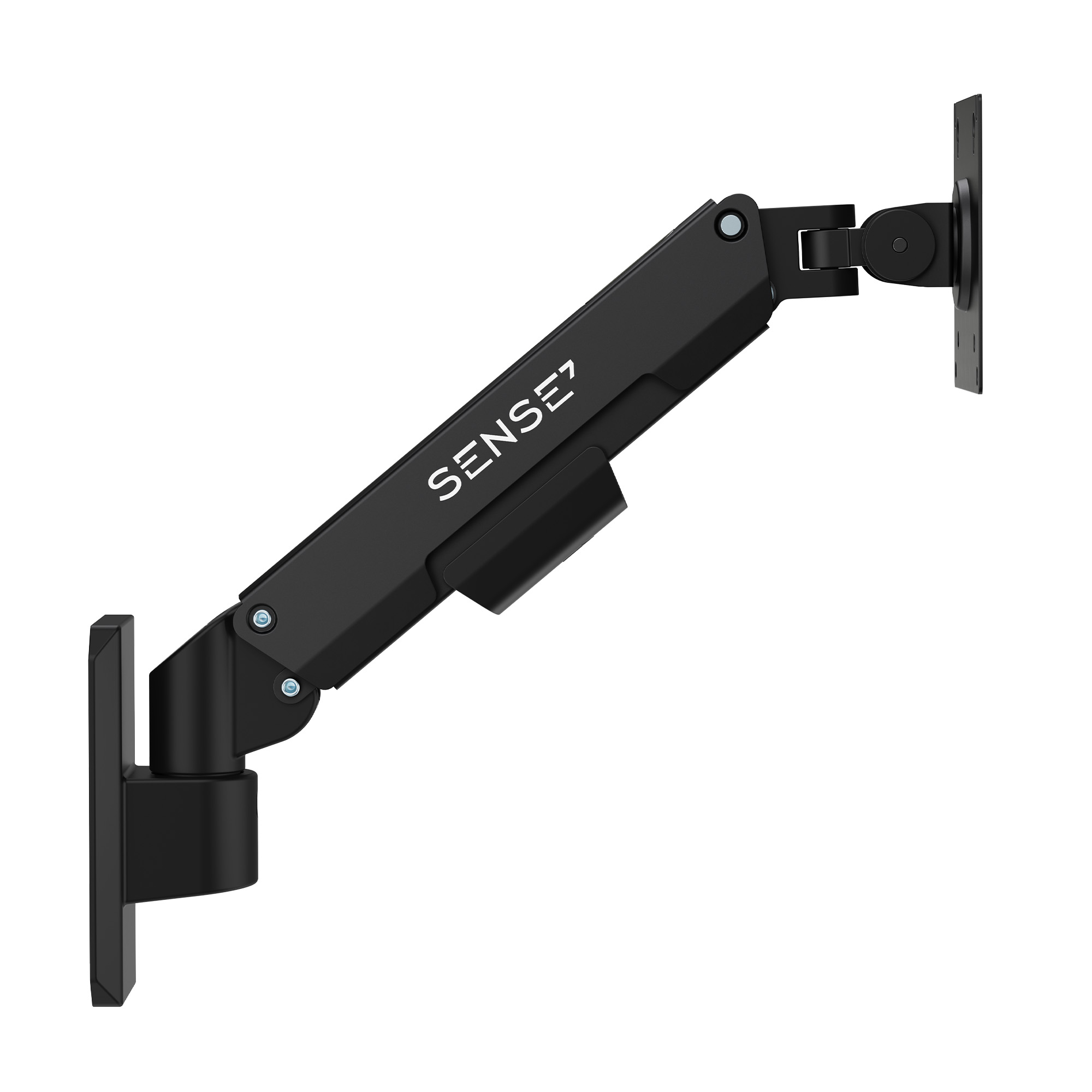 Eine schwarze, verstellbare Monitor-Wandhalterung mit SENSE7-Logo am Arm.